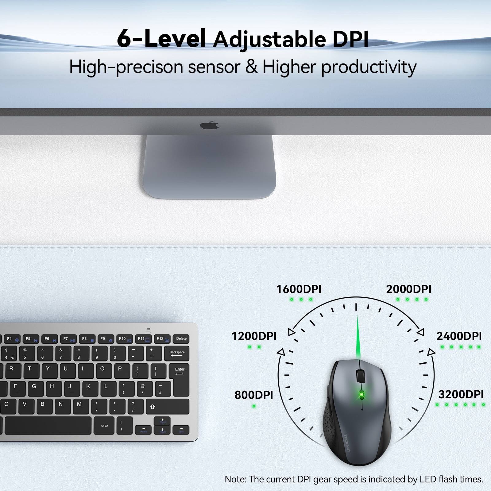 6-Level Adjustable DPI  
High-precision sensor & Higher productivity

1600DPI  
2000DPI  
1200DPI  
2400DPI  
800DPI  
3200DPI

Note: The current DPI gear speed is indicated by LED flash times.