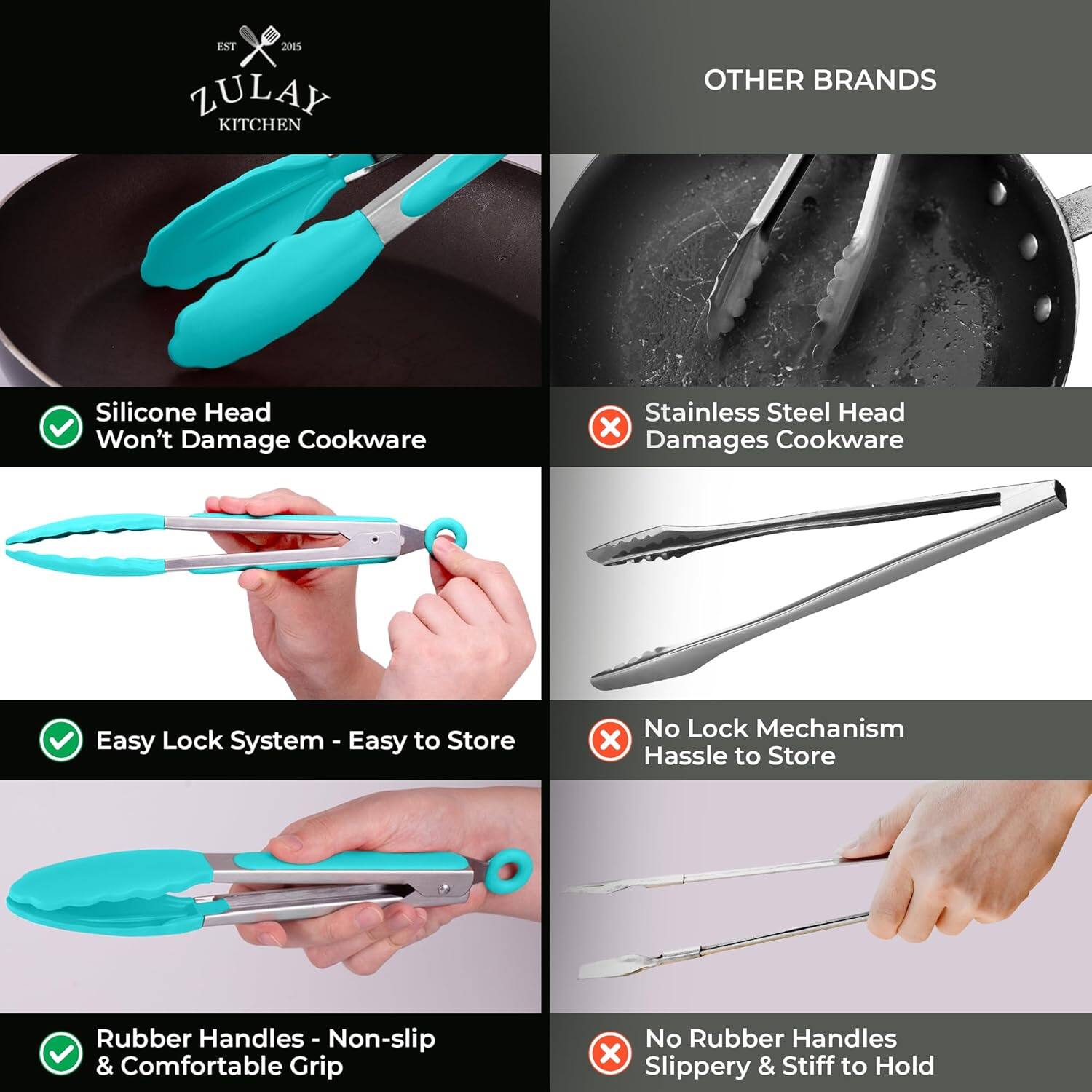 Zulay Kitchen, Other Brands, Silicone Head, Stainless Steel Head, Easy Lock System, No Lock Mechanism, Rubber Handles, No Rubber Handles