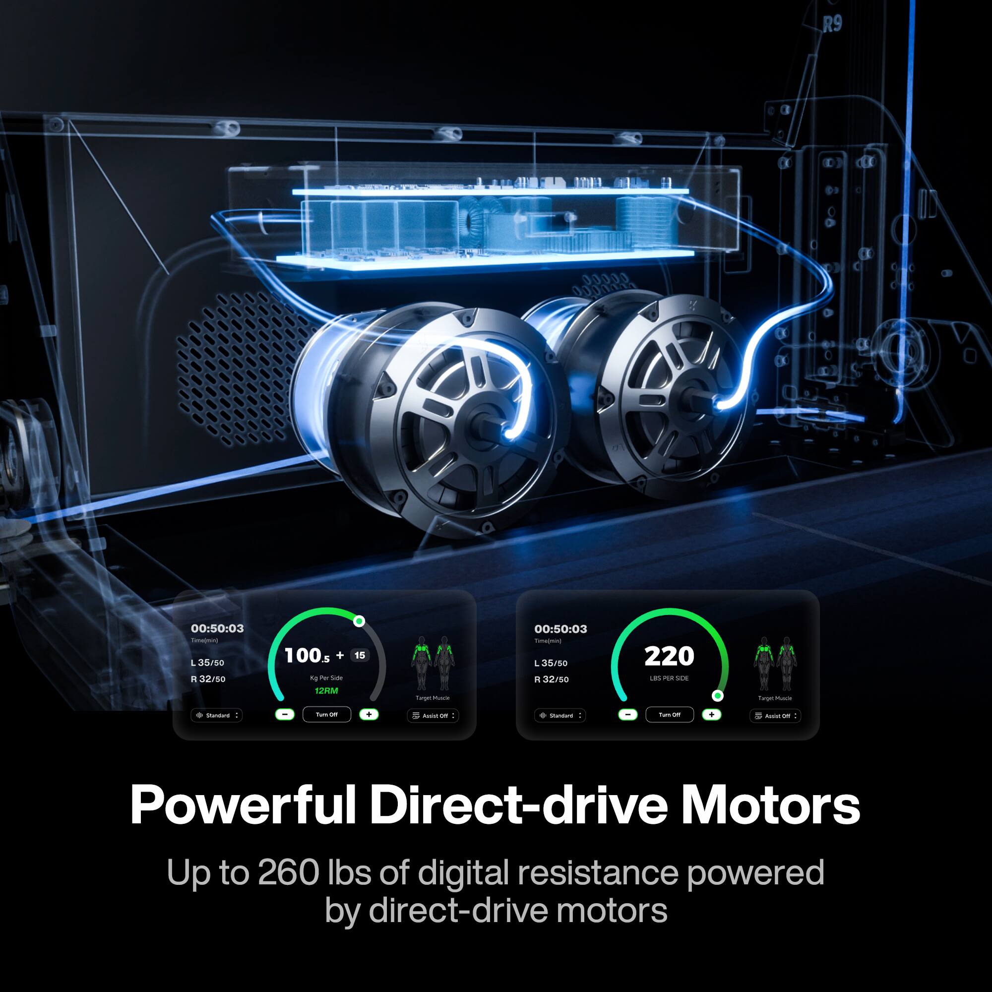 R9 I cocoo JOIA 00:50:03 - L 35/50 R 32/80 100s + ma Fe - 129IM 1S farue  
00:50:03 TUTagnun 35/50 R 32/80 220 Les - -- Ta - - i - . - on - I - - - - i -  
Powerful Direct-drive Motors  
Up to 260 lbs of digital resistance powered by direct-drive motors
