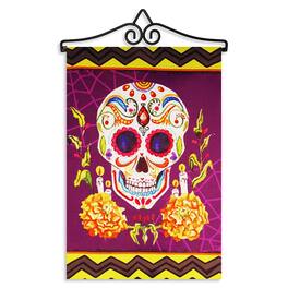 G128 - Combo Pack 14in Garden Flag Hanger and 12x18 Day of the Dead Sugar Skull Double-Sided Blockout Flag - Purple