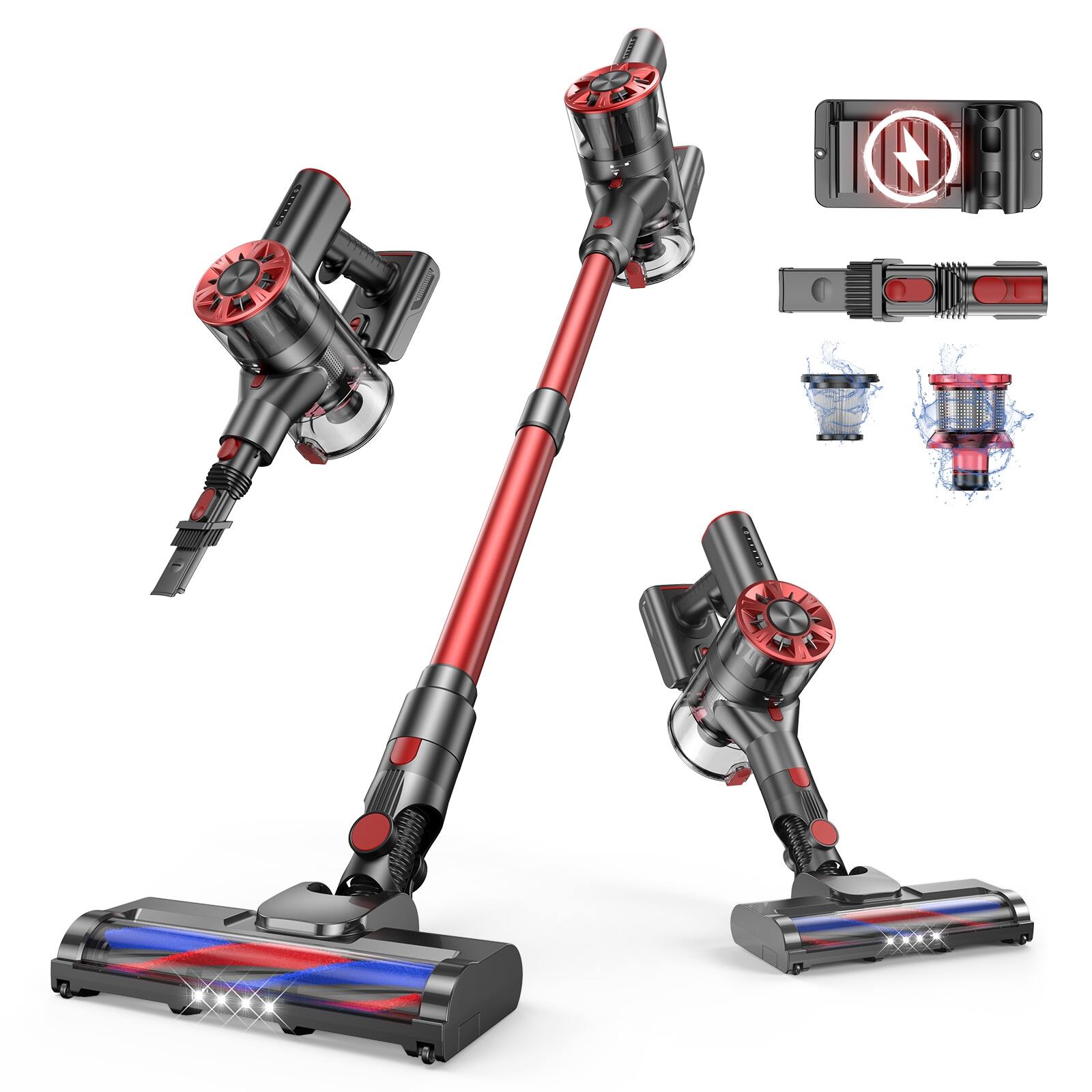 Front. Teendow - Cordless Stick Vacuum, 40 Mins Runtime, Lightweight Cleaner for Pet Hair, HardFloors, Carpet & Rug - Red.