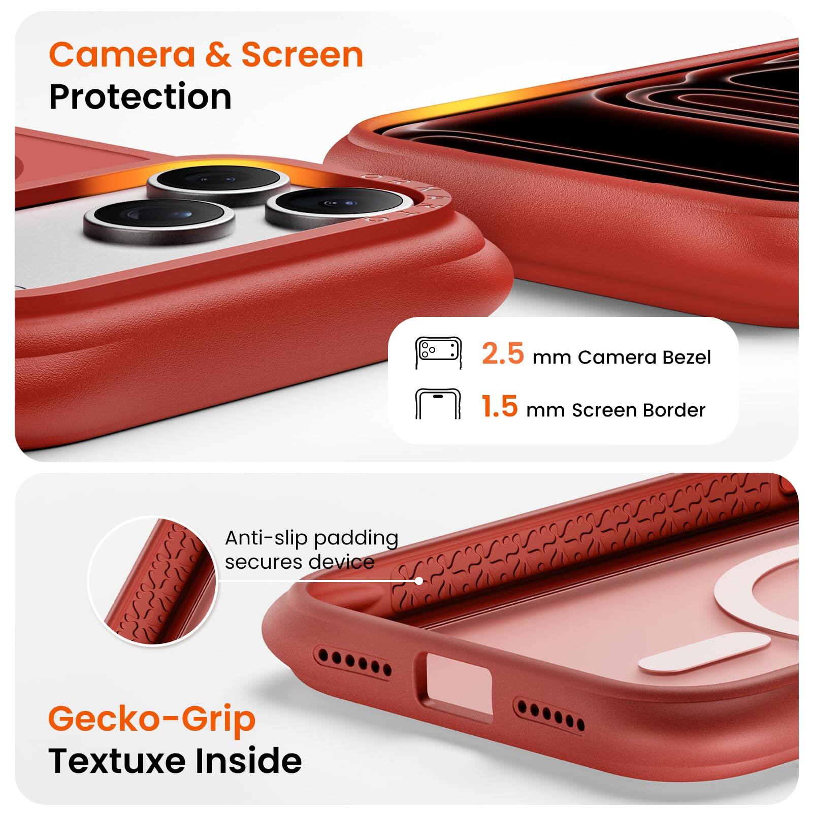Camera & Screen Protection  
2.5 mm Camera Bezel  
1.5 mm Screen Border  
Anti-slip padding secures device  
Gecko-Grip Textuxe Inside