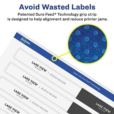 Avoid Wasted Labels

Patented Sure Feed® Technology grip strip is designed to help alignment and reduce printer jams.

AVERY LAKE VIEW | JESSICA NELSON

Labels with Sure Feed Technology

LAKE VIEW | JESSICA NELSON