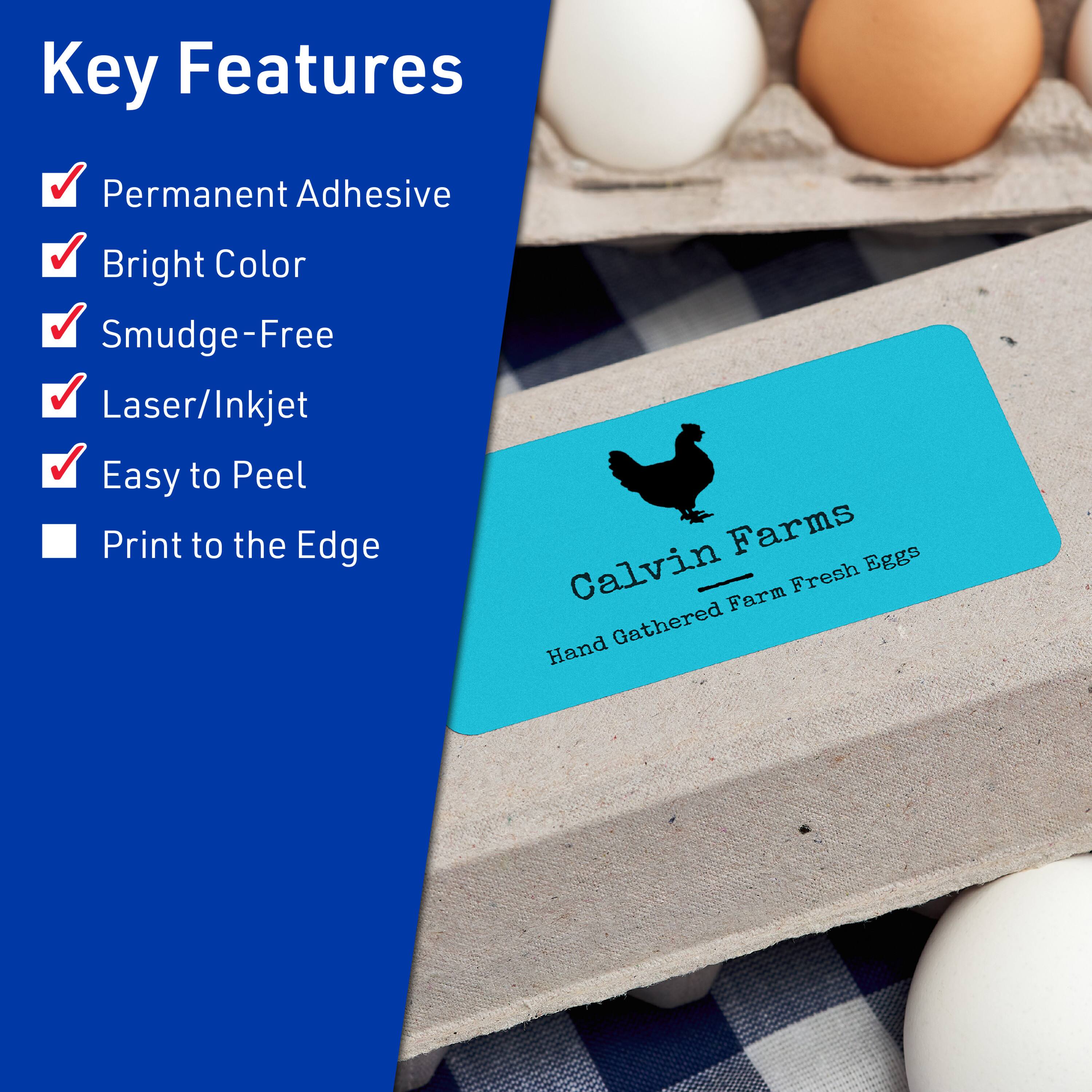 Key Features  
- Permanent Adhesive  
- Bright Color  
- Smudge-Free  
- Laser/Inkjet  
- Easy to Peel  
- Print to the Edge  

Calvin Farms  
Hand Gathered Farm Fresh Eggs