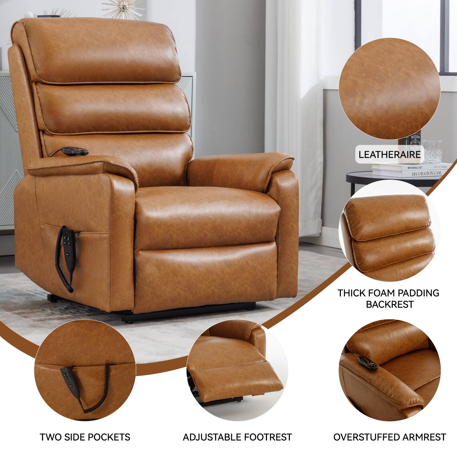 LEATHERAIRE

- THICK FOAM PADDING BACKREST
- TWO SIDE POCKETS
- ADJUSTABLE FOOTREST
- OVERSTUFFED ARMREST