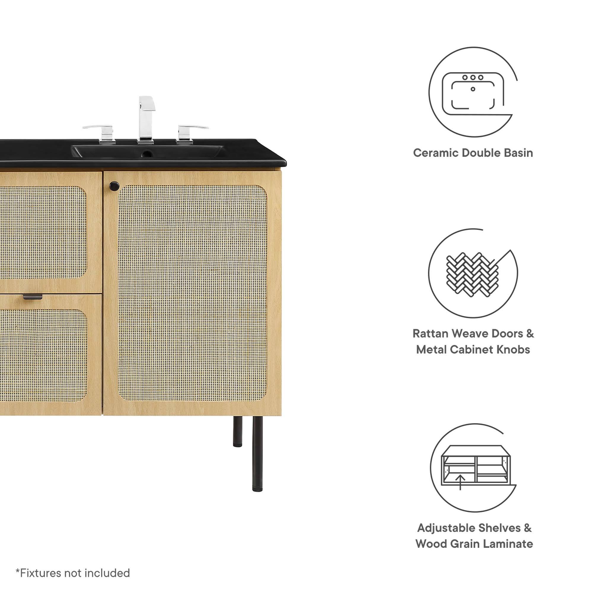 Ceramic Double Basin  
Rattan Weave Doors & Metal Cabinet Knobs  
Adjustable Shelves & Wood Grain Laminate  

*Fixtures not included