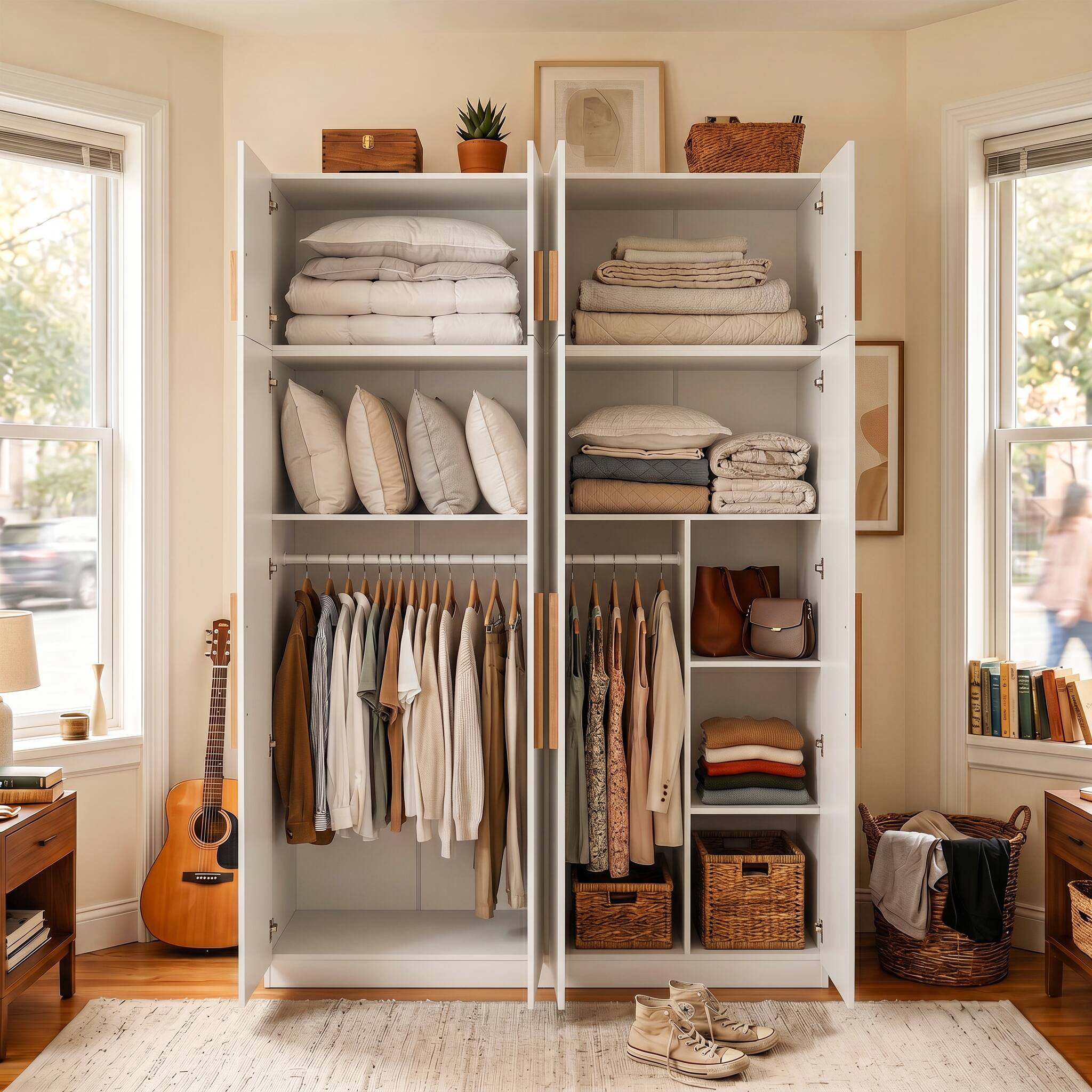 Alt View 6. Famapy - 90.6" Tall 4-Door Wardrobe Armoire with Top Cabinets,Large Capacity Bedroom Closet Organizer with Hanging Rod & Shelves. - White.