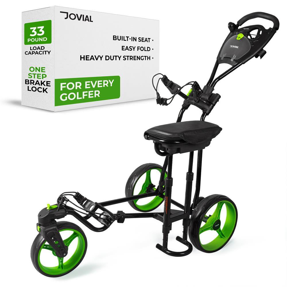 JOVIAL  
33 POUND LOAD CAPACITY  
BUILT-IN SEAT  
EASY FOLD  
HEAVY DUTY STRENGTH  
ONE STEP BRAKE FOR EVERY LOCK  
FOR EVERY GOLFER