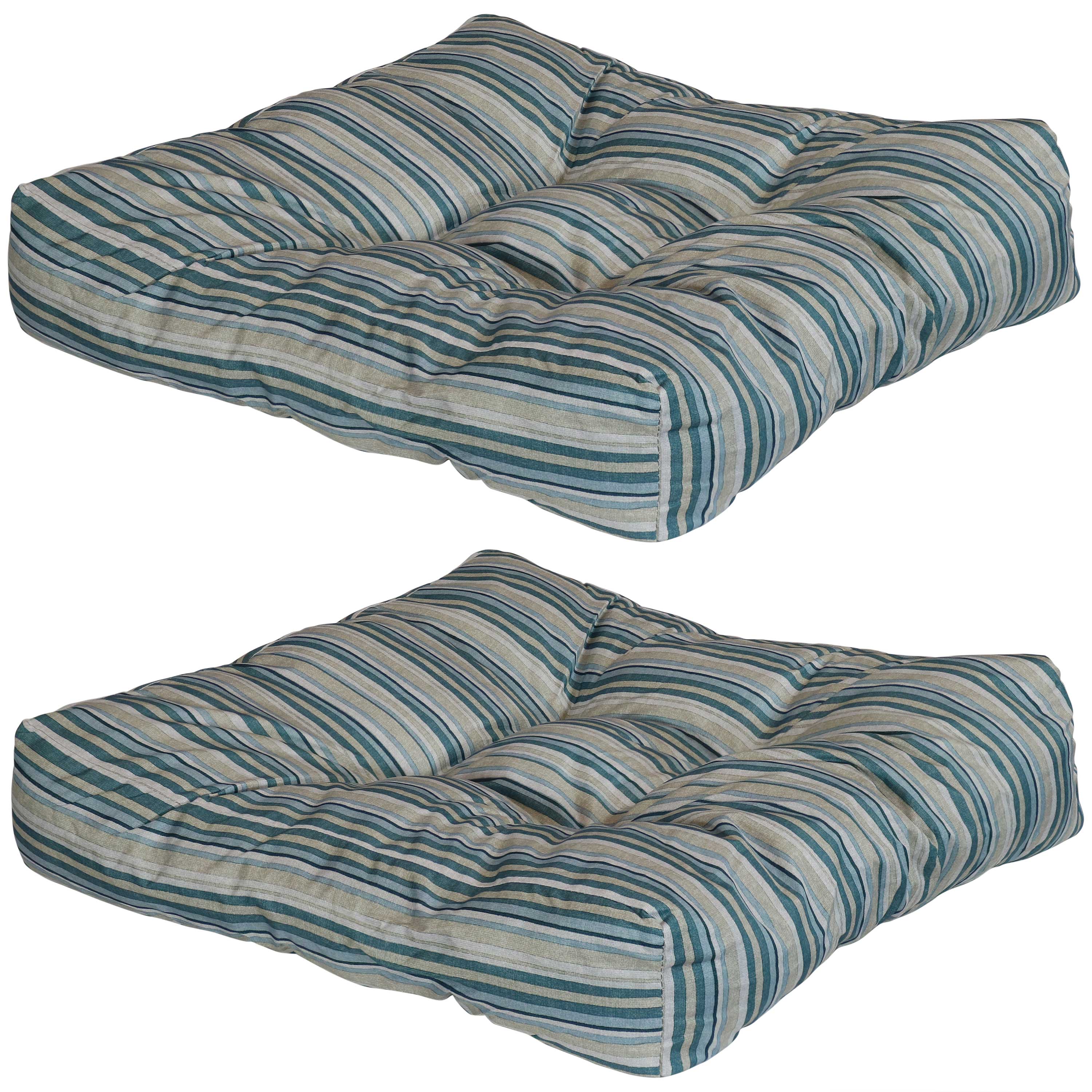Sunnydaze - Outdoor Square Tufted Seat Cushion - Set of 2 - Neutral Stripes