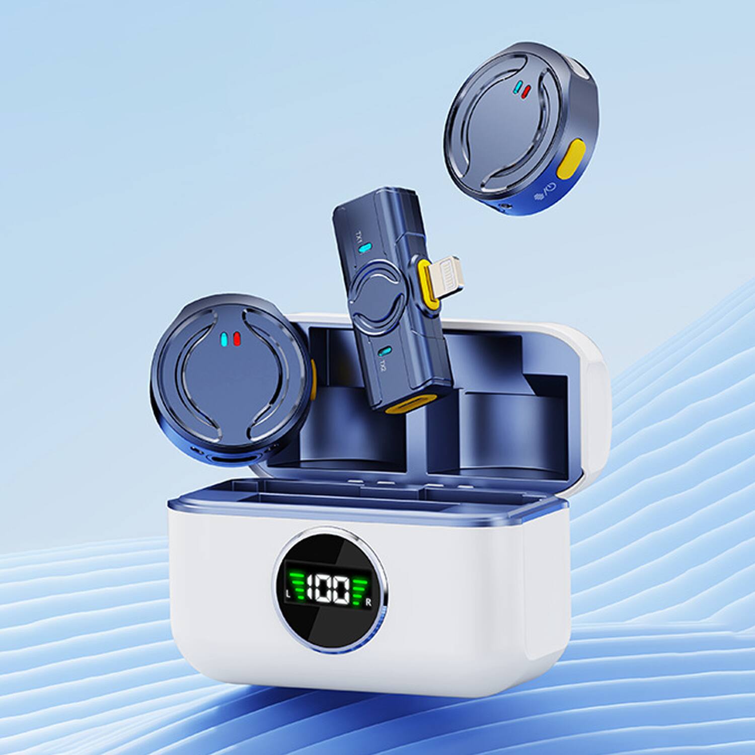 Front. YONWAY - Wireless Lavalier Microphone, Noise Reduction, with 42H Charging Case, Mini Microphone (Lightning interface) - White.