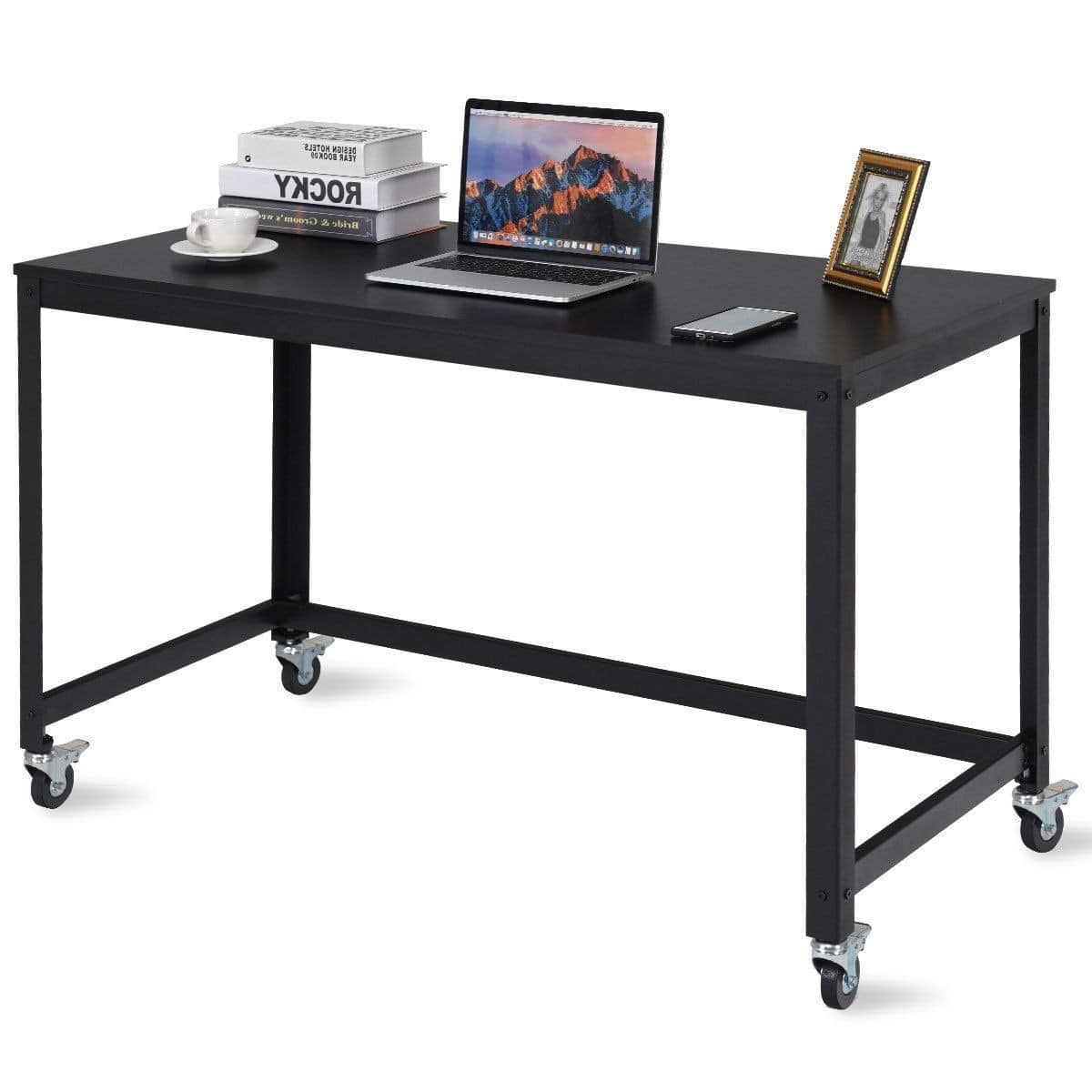 Hivvago - Mobile Steel Frame Laptop Computer Desk with Wood Top and Locking Casters - Black