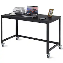 Hivvago - Mobile Steel Frame Laptop Computer Desk with Wood Top and Locking Casters - Black