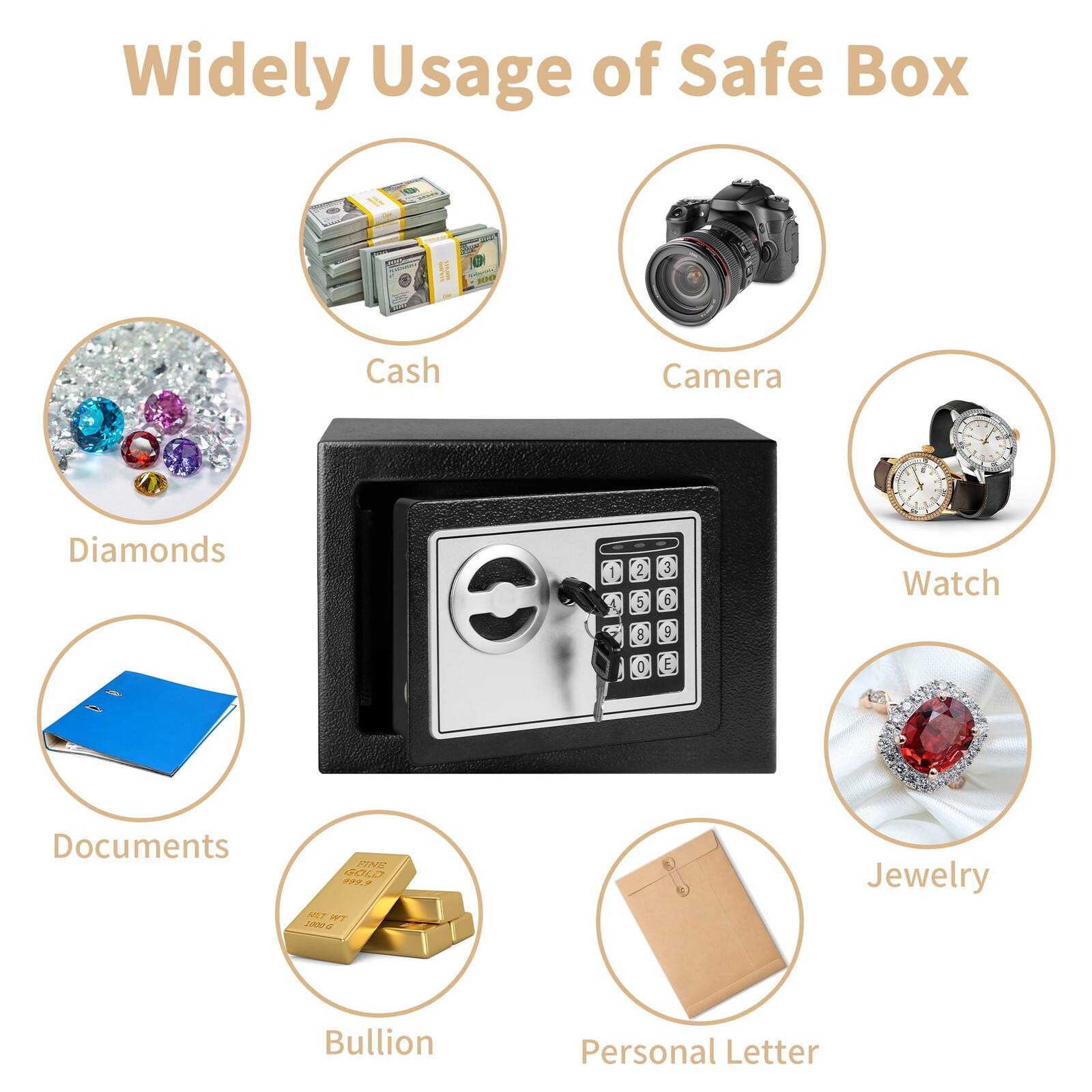 Widely Usage of Safe Box

- Cash
- Camera
- Diamonds
- Watch
- Documents
- Jewelry
- Bullion
- Personal Letter