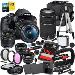 Bundle - Canon - EOS Rebel T7 DSLR with 18-55mm & 75-300mm Lenses, 128GB Card, Tripod, Mic & Accessories - Black