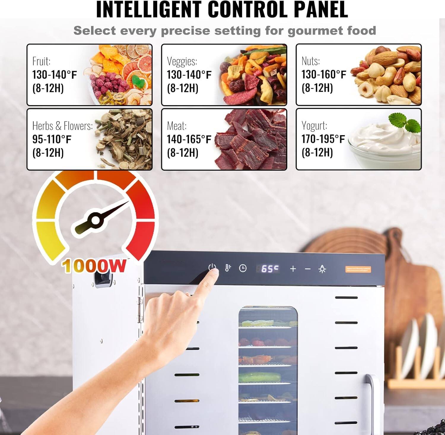 INTELLIGENT CONTROL PANEL  
Select every precise setting for gourmet food  

Fruit: 130-140°F (8-12H)  
Veggies: 130-140°F (8-12H)  
Nuts: 130-160°F (8-12H)  
Herbs & Flowers: 95-110°F (8-12H)  
Meat: 140-165°F (8-12H)  
Yogurt: 170-195°F (8-12H)  

1000W