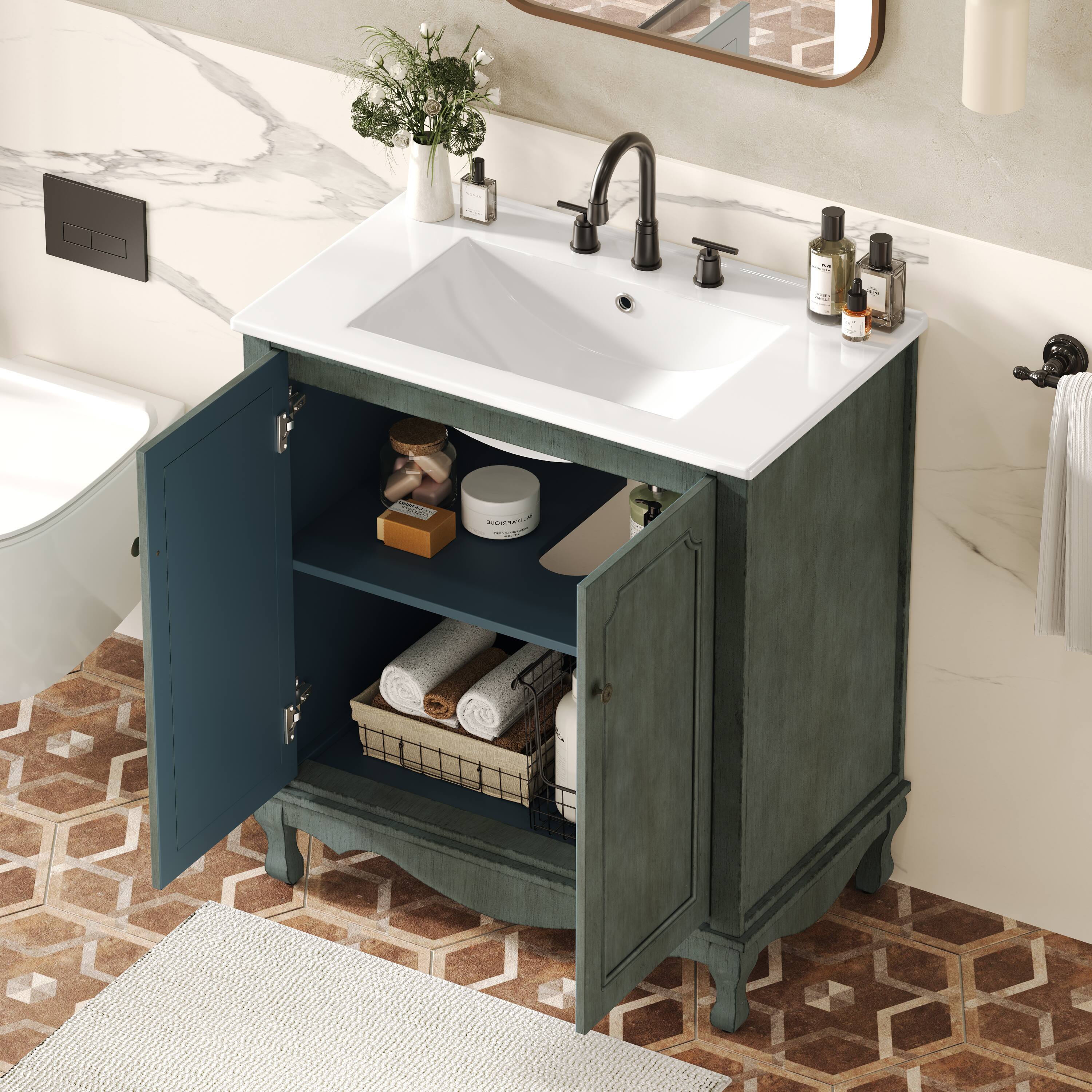 Back. Loheer - 2.5 ft Vintage Bathroom Vanity with Ceramic Sink, Adjustable Shelves, Antique Teal for Bath - Antique blue green,Teal.