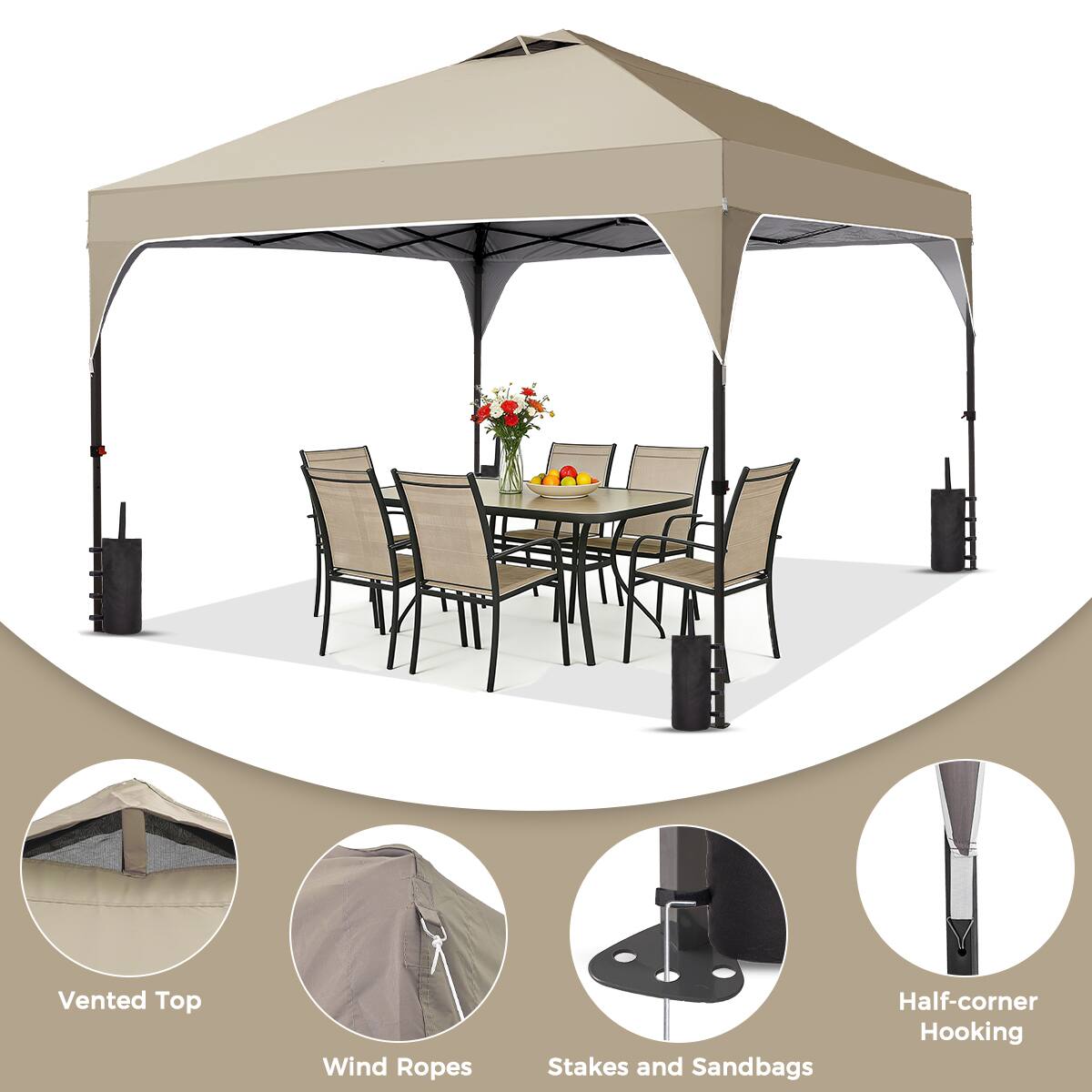 Vented Top  
Wind Ropes  
Stakes and Sandbags  
Half-corner Hooking