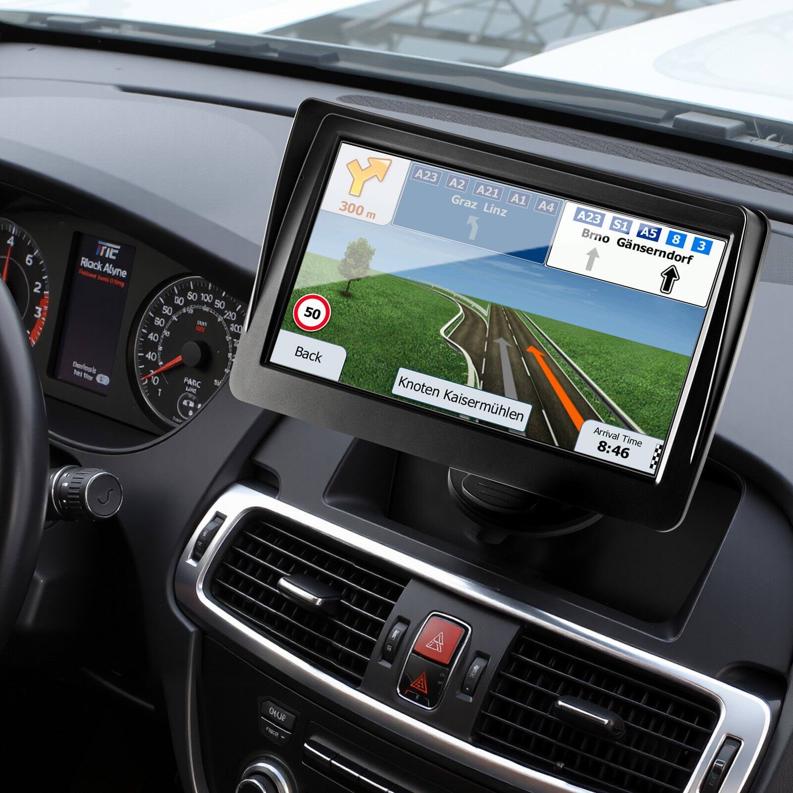 Sure, here is the corrected and grouped text from the image:

---

**Dashboard:**
- Rick Alvine
- 4623
- 50
- Back
- 300 m
- Arrival Time 8:46

**Navigation Screen:**
- A23 A2 A21 A1 A4
- Graz Linz
- Knoten Kaisermlhlen
- A23 S1 A5 8 3
- Brno Gnsersndorf
- 50

**Speedometer:**
- 4 6 2 3
- 50 50 100 50 50 4 y 200 80 - 90 aco 40 40 10
- PARC T I - E.
- 300 m

**Other:**
- A B ~

---