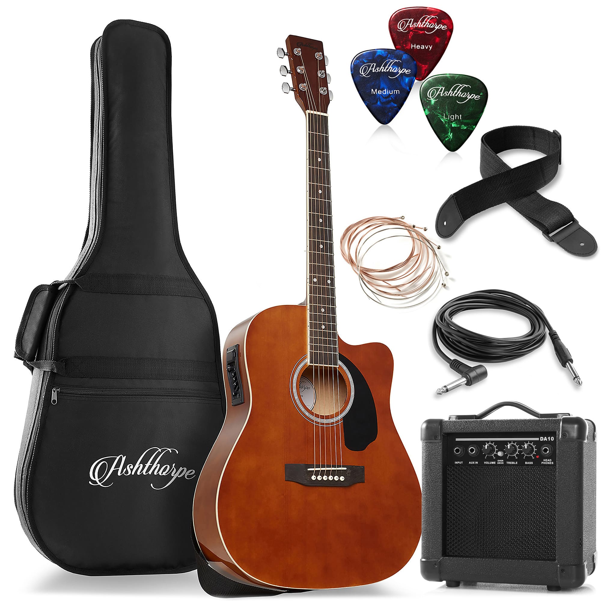 Ashthorpe - 41-in Dreadnought Cutaway Acoustic Electric Guitar and 10 Watt Amp - Brown