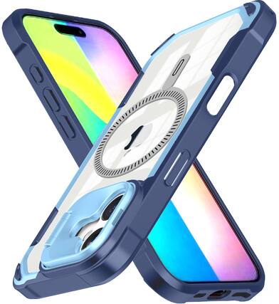 Front. Nakedcellphone - Clear Cam-Stand Case for iPhone 16 Phone - Compatible with MagSafe - Blue.