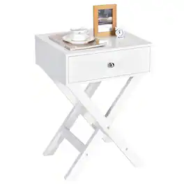 Costway - Side Nightstand with Drawer x Shaped Structure Accent Sofa End Table - White