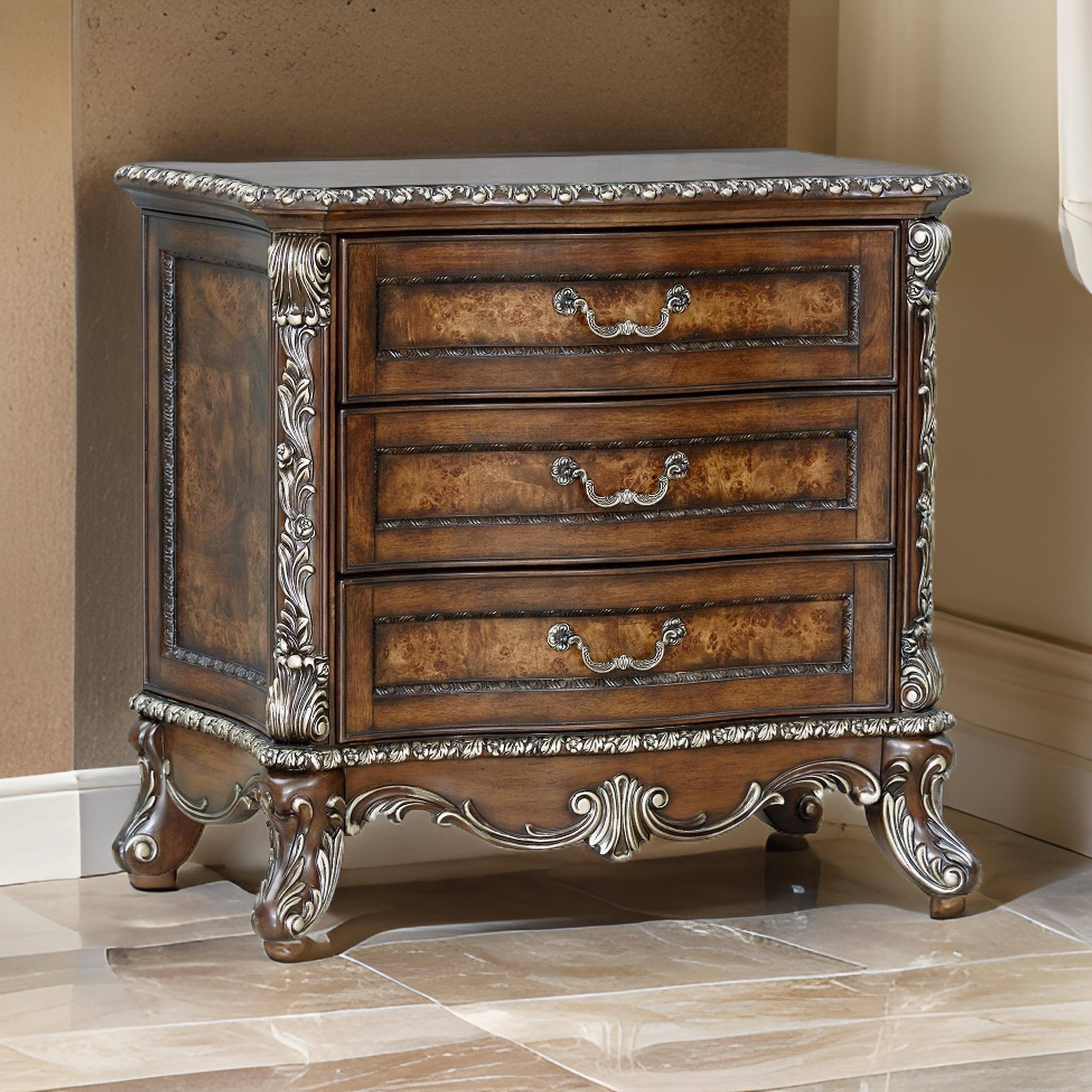 Alt View 5. Manhattan Lane - Vany Nightstand, Traditional Floral Trim, 3 Drawers - Brown, Silver.