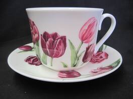 Jiallo - Roy Kirkham Breakfast Cup/Saucer - Tulip Garden Set of 2, Bone China Ceramic Made in England - Mutli color