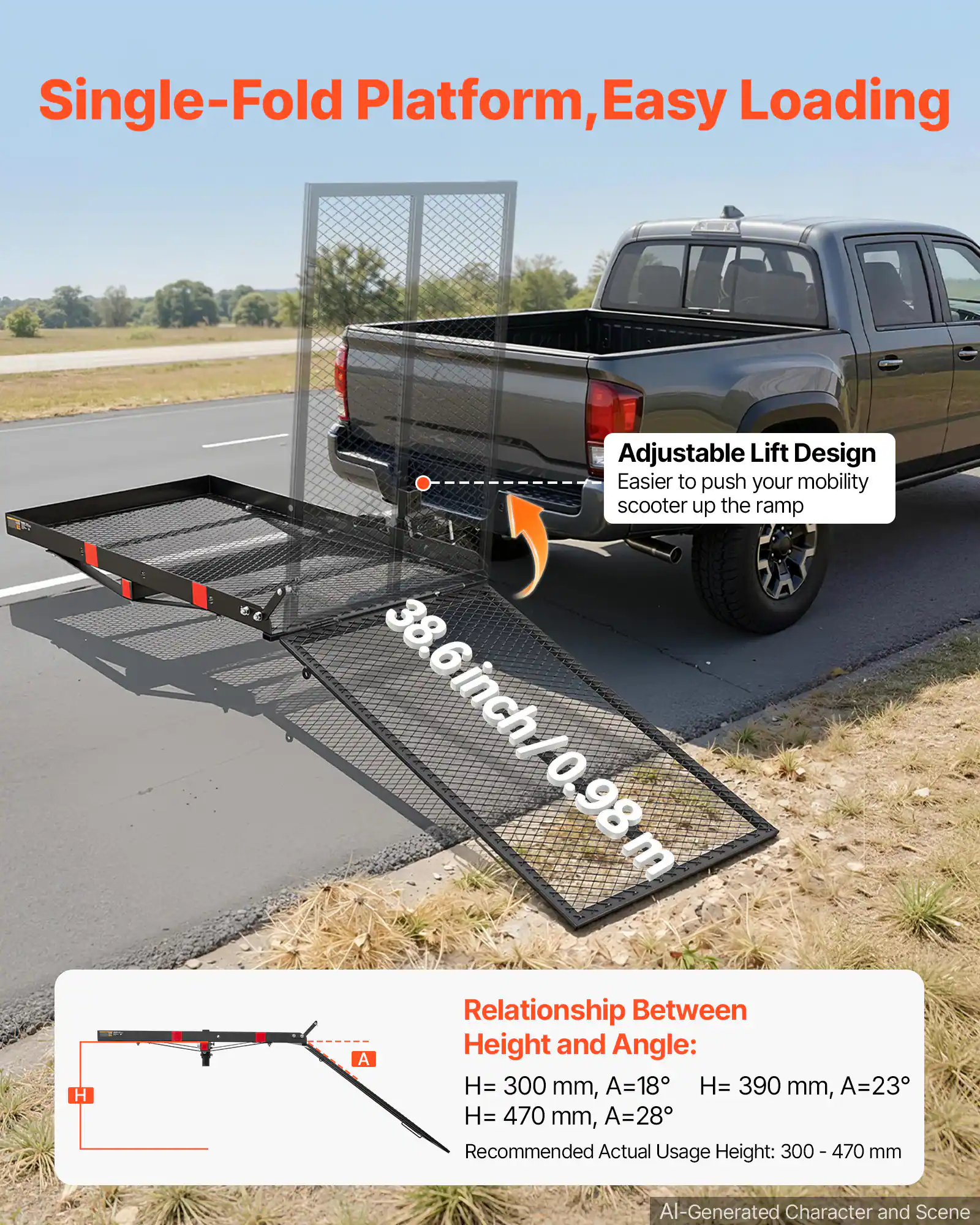Single-Fold Platform, Easy Loading

Adjustable Lift Design
Easier to push your mobility scooter up the ramp

38.6 inch / 0.98 m

Relationship Between Height and Angle:
H= 300 mm, A=18°
H= 390 mm, A=23°
H= 470 mm, A=28°

Recommended Actual Usage Height: 300 - 470 mm

AI-Generated Character and Scene