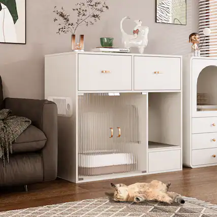 Front. MSOOB - Cat Litter Box Enclosure, 37.4'' Furniture Style Hidden Litter Box Cat Cabinet with Storage for Large Cats - White.