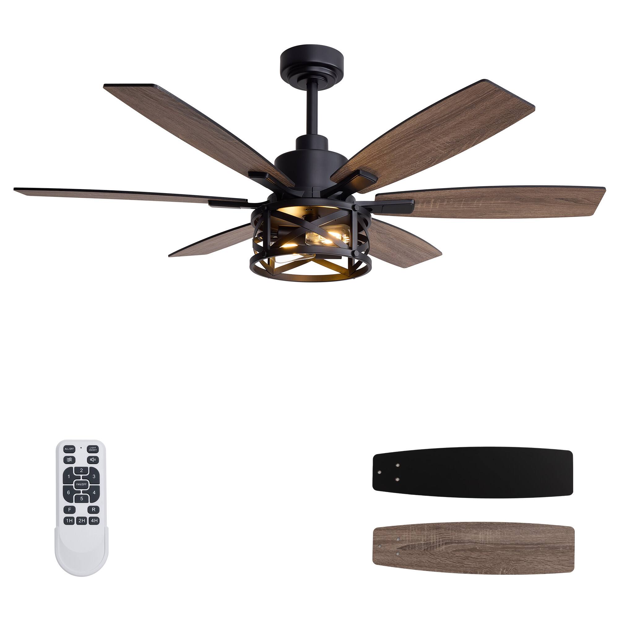 Alt View 8. Siljoy - 52 Inch 6-Blade Farmhouse Caged Ceiling Fan Light Black Reversible Wood Blades with Downrod for Bedroom Living Room - Brown.