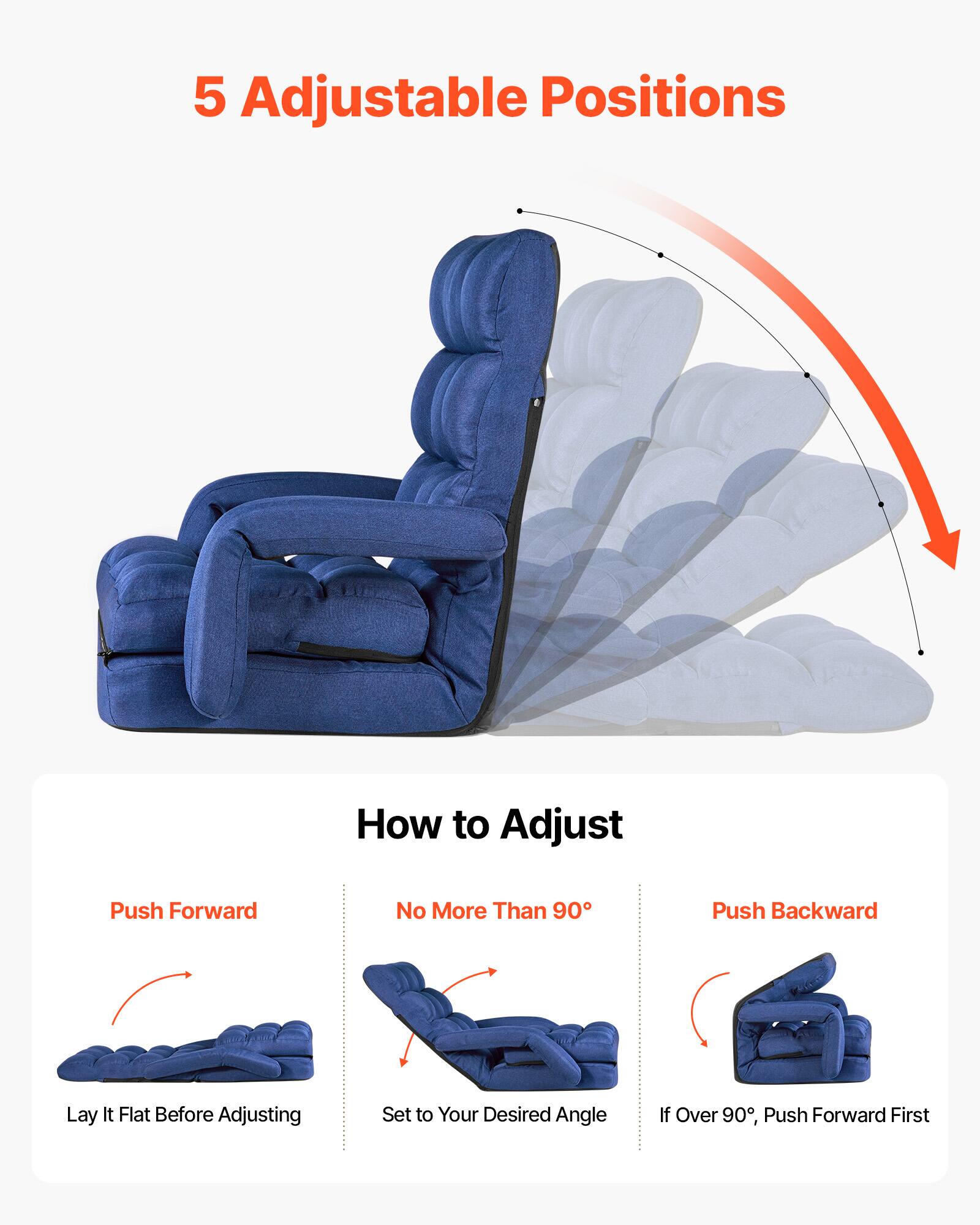 5 Adjustable Positions

How to Adjust

Push Forward
Lay It Flat Before Adjusting

No More Than 90°
Set to Your Desired Angle

Push Backward
If Over 90°, Push Forward First