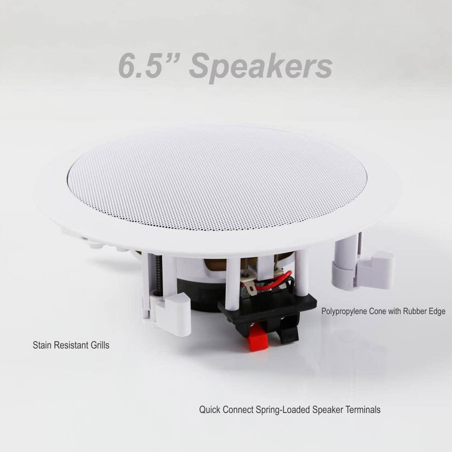 6.5" Speakers

- Stain Resistant Grills
- Polypropylene Cone with Rubber Edge
- Quick Connect Spring-Loaded Speaker Terminals