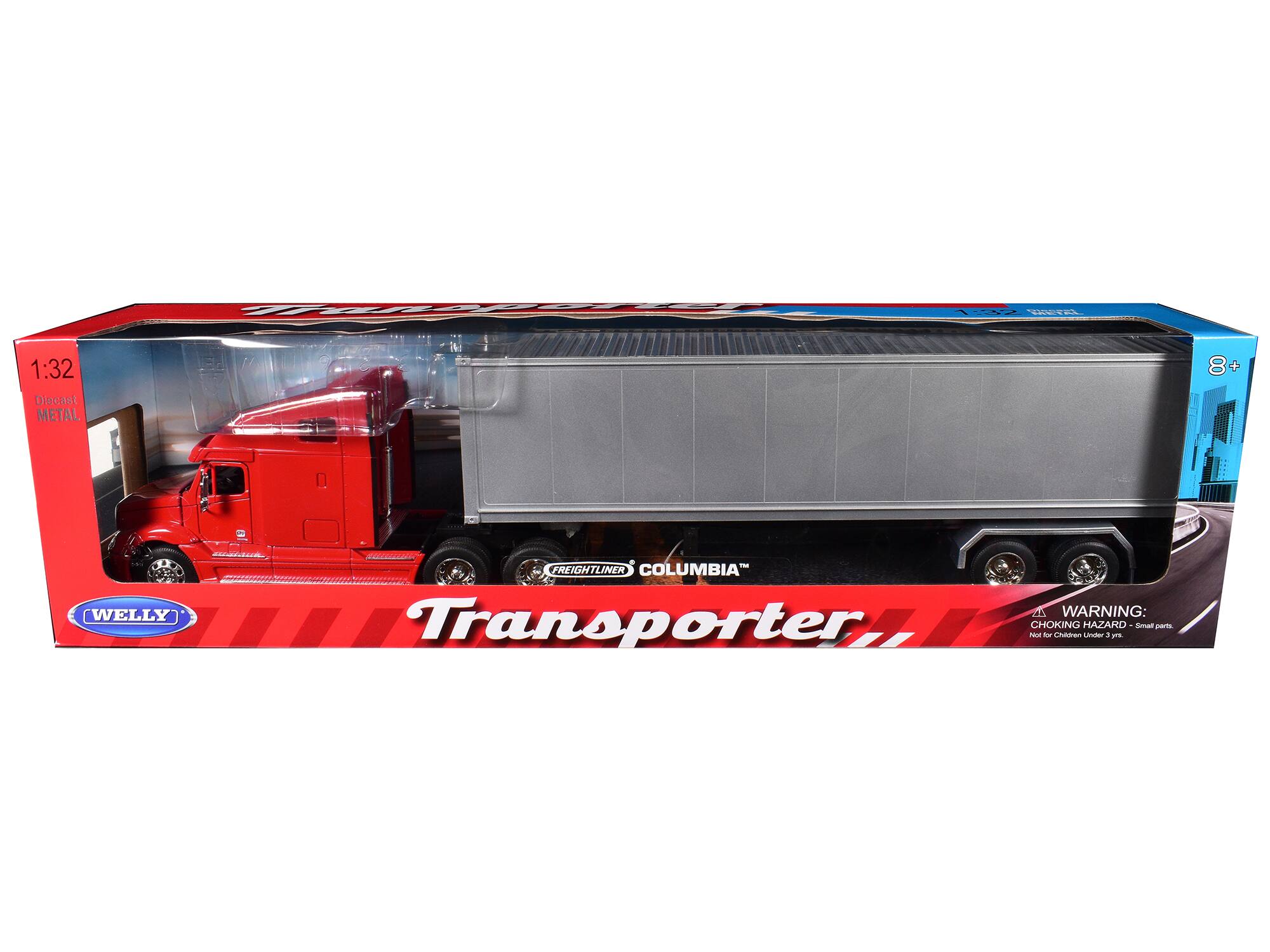 1:32 Diecast METAL  
8+  
WELLY  
FREIGHTLINER COLUMBIA Transporter  
WARNING: CHOKING HAZARD - Small parts. Not for children under 3 years.