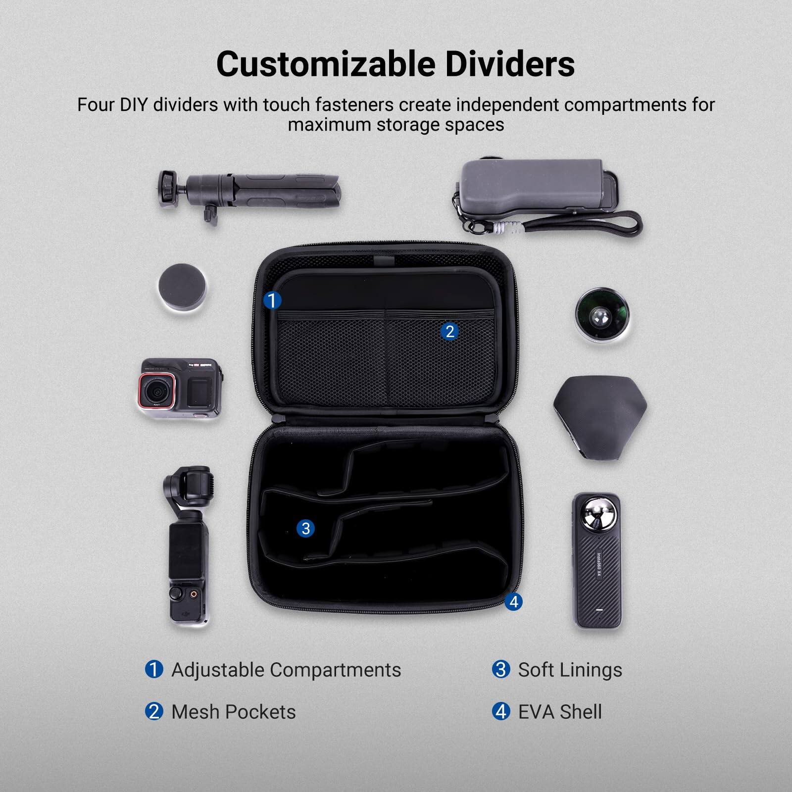 Customizable Dividers

Four DIY dividers with touch fasteners create independent compartments for maximum storage spaces

1. Adjustable Compartments
2. Mesh Pockets
3. Soft Linings
4. EVA Shell
