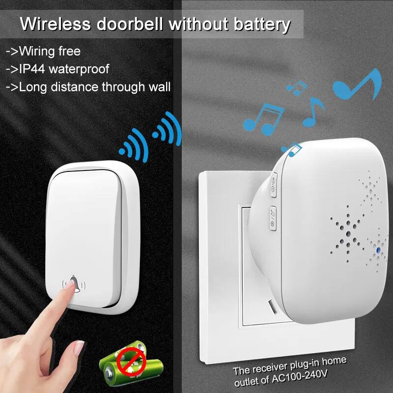 Wireless doorbell without battery

- Wiring free
- IP44 waterproof
- Long distance through wall

The receiver plug-in home outlet of AC100-240V