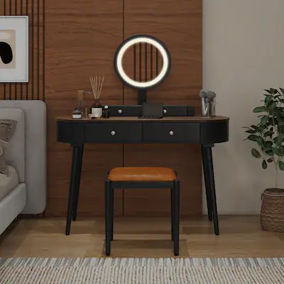 Costway Solid Wood Makeup Vanity Desk Set with LED Lighted Mirror Drawers Cushioned Stool Black + Brown Rubber one_size | HCST00887 Costway Solid Wood Makeup Vanity Desk Set with LED Lighted Mirror Drawers Cushioned Stool Black + Brown Rubber one_size | HCST00887