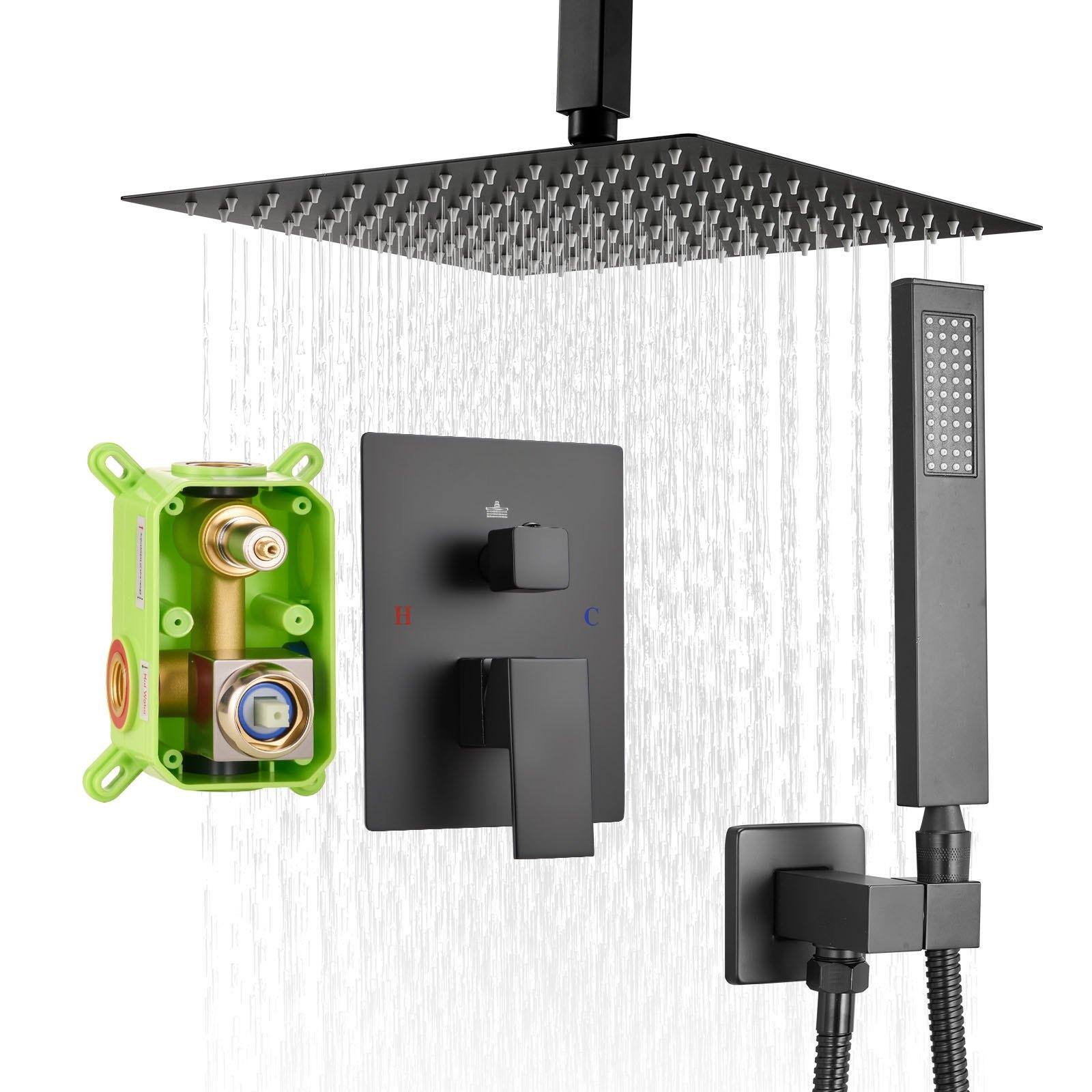 Front. Glintex - Shower Faucet Set, 10 in Square Rain Shower System with Handheld, Ceiling Mount, Brass Valve and Trim Kit - Matte Black.