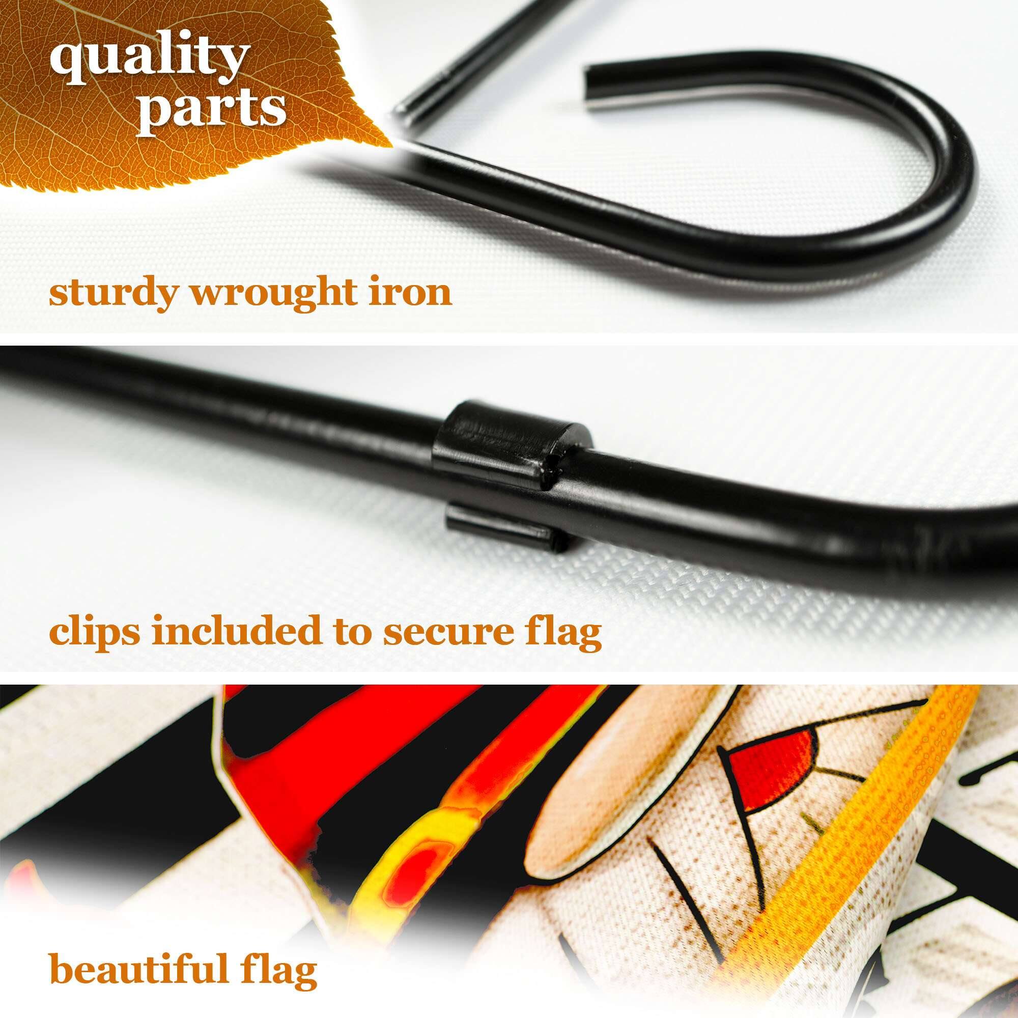 quality parts  
sturdy wrought iron  
clips included to secure flag  
beautiful flag