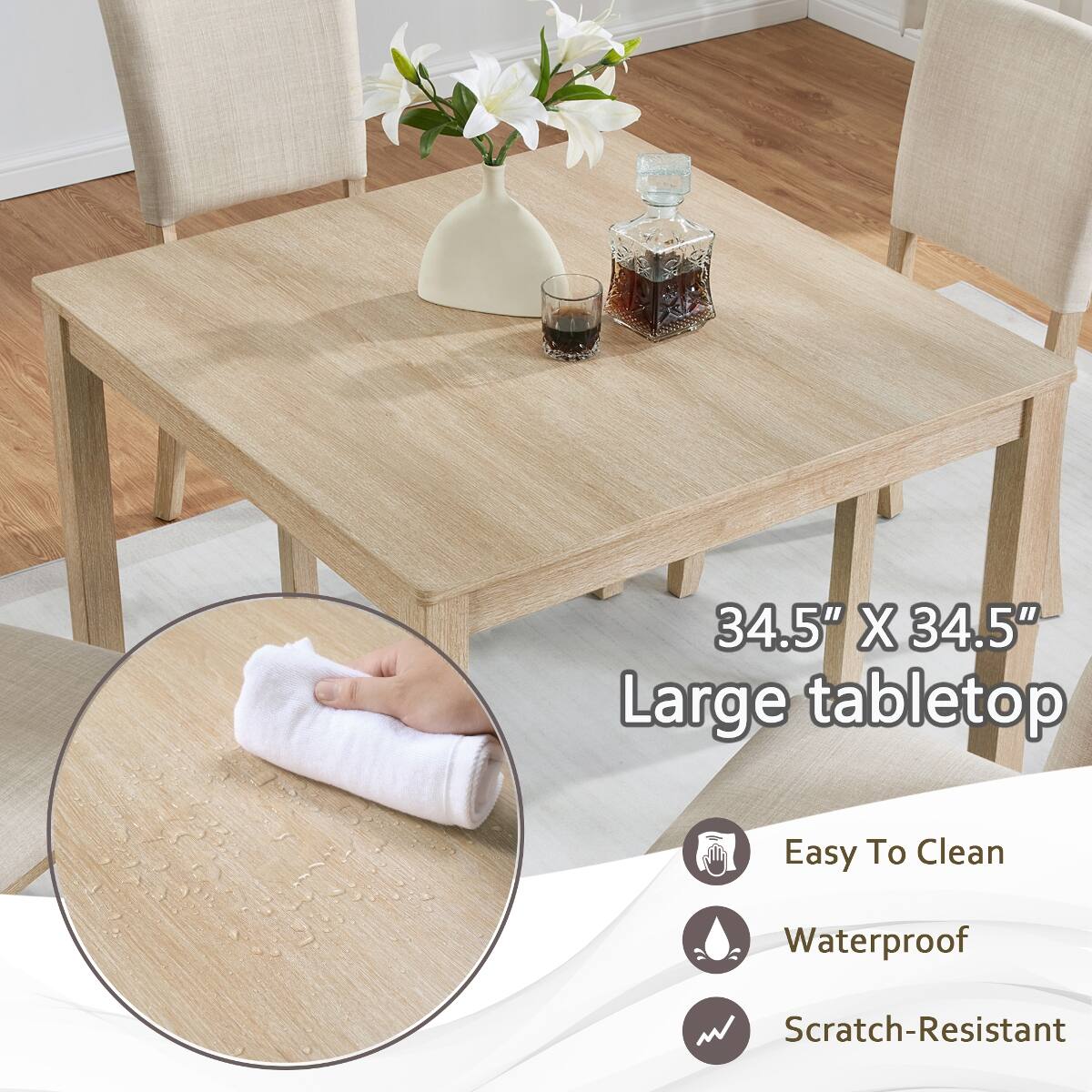 34.5" X 34.5" Large tabletop

Easy To Clean
Waterproof
Scratch-Resistant