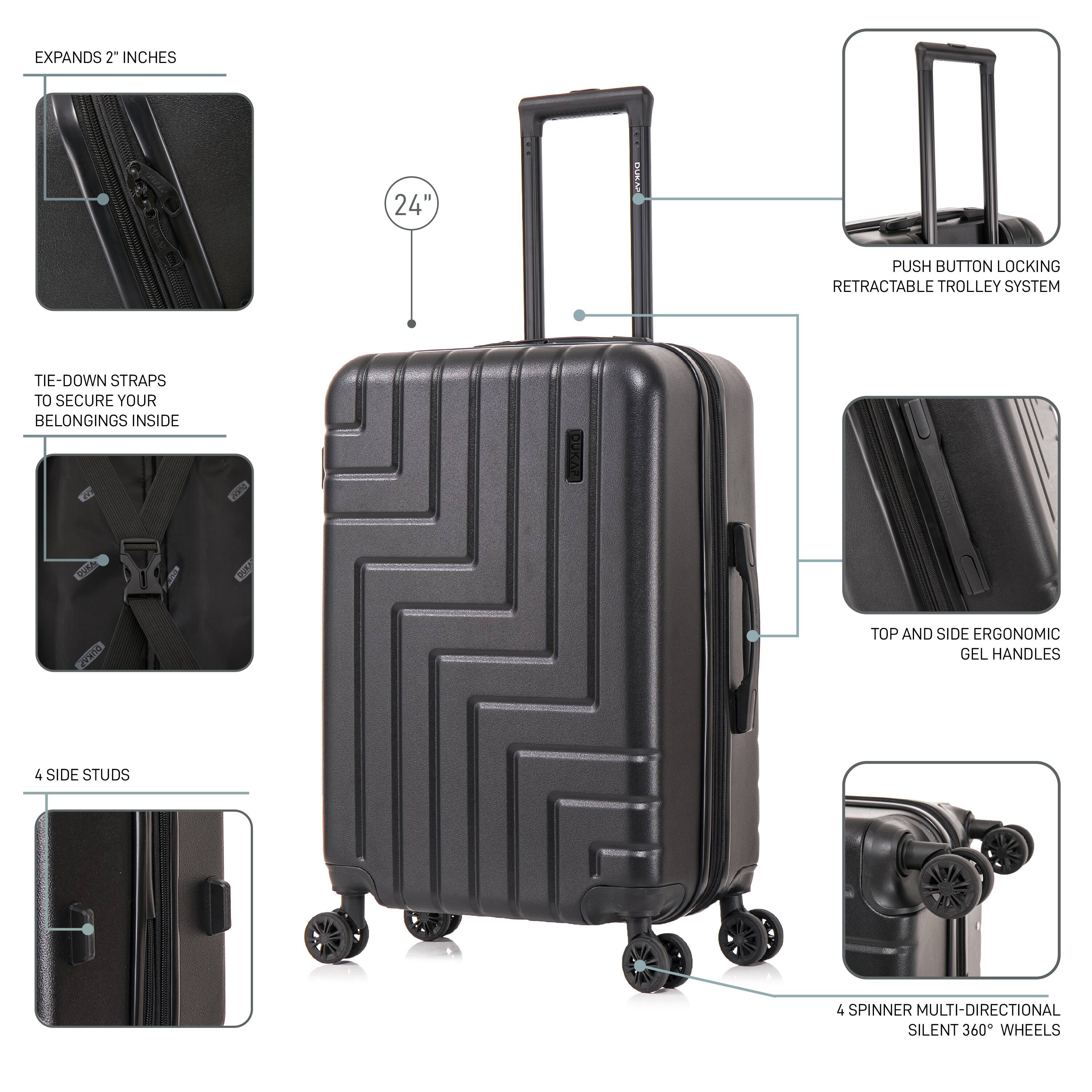 EXPANDS 2" INCHES  
24" DUMA  
PUSH BUTTON LOCKING RETRACTABLE TROLLEY SYSTEM  
TIE-DOWN STRAPS TO SECURE YOUR BELONGINGS INSIDE  
4 SIDE STUDS  
TOP AND SIDE ERGONOMIC GEL HANDLES  
4 SPINNER MULTI-DIRECTIONAL SILENT 360° WHEELS