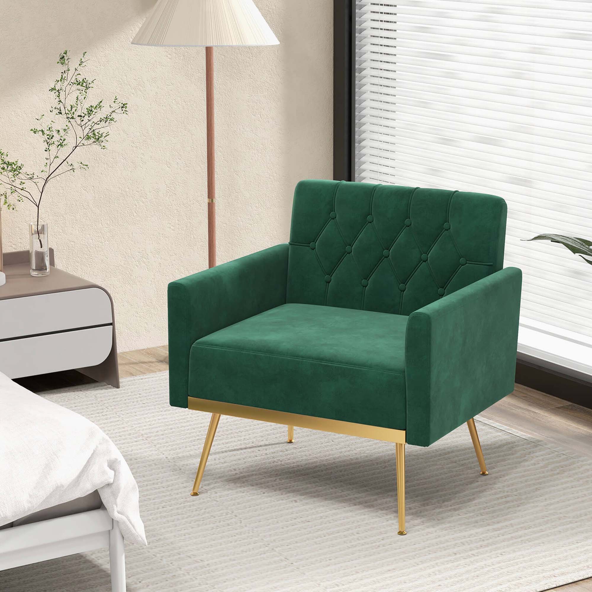 Alt View 11. Costway - Modern Velvet Button Tufted Back Accent Chair with Golden Metal Legs and Foot Pads - Green.