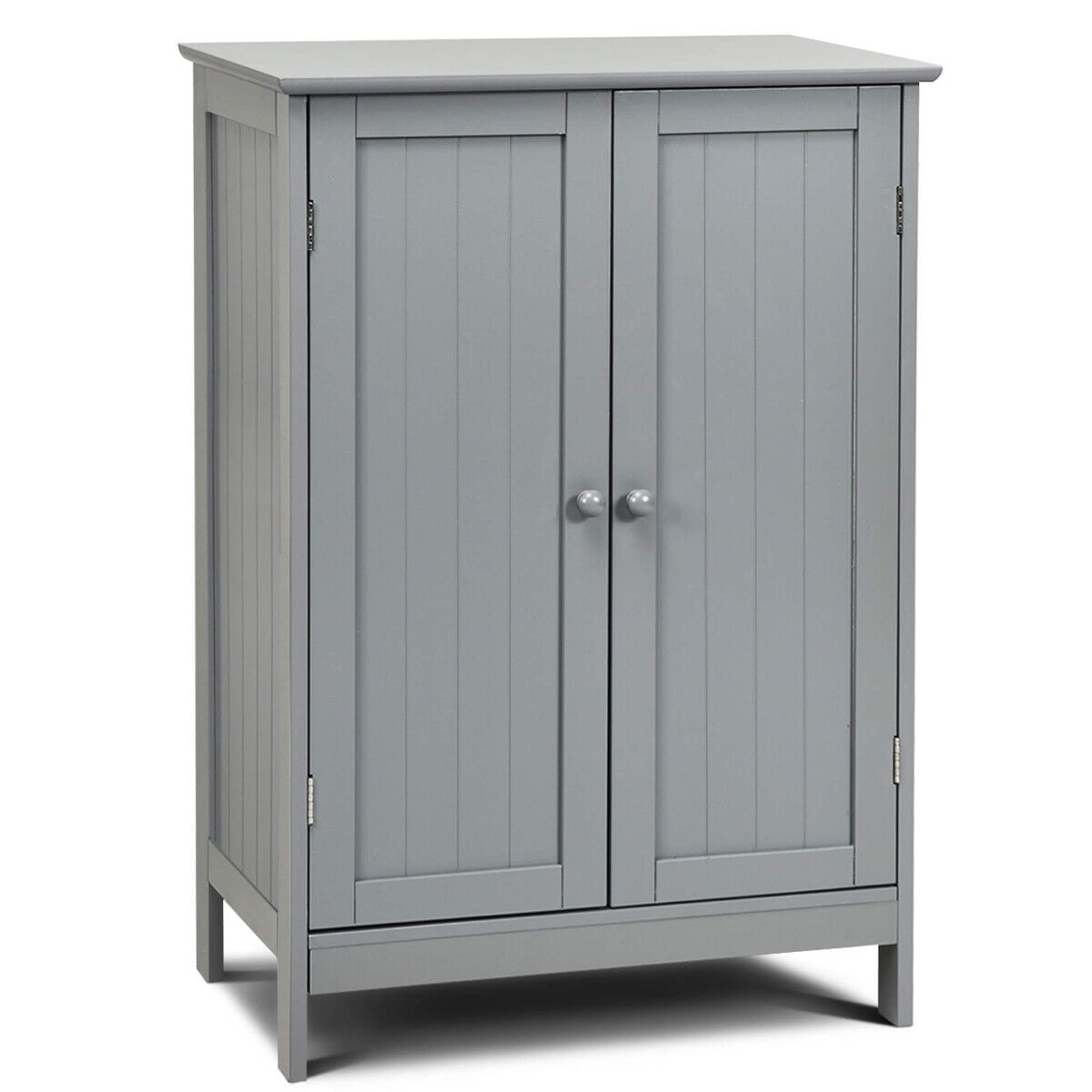 Gymax - Bathroom Floor Storage Cabinet Double Door Kitchen Cupboard Shoe Cabinet Grey - Gray