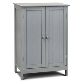 Gymax - Bathroom Floor Storage Cabinet Double Door Kitchen Cupboard Shoe Cabinet Grey - Gray