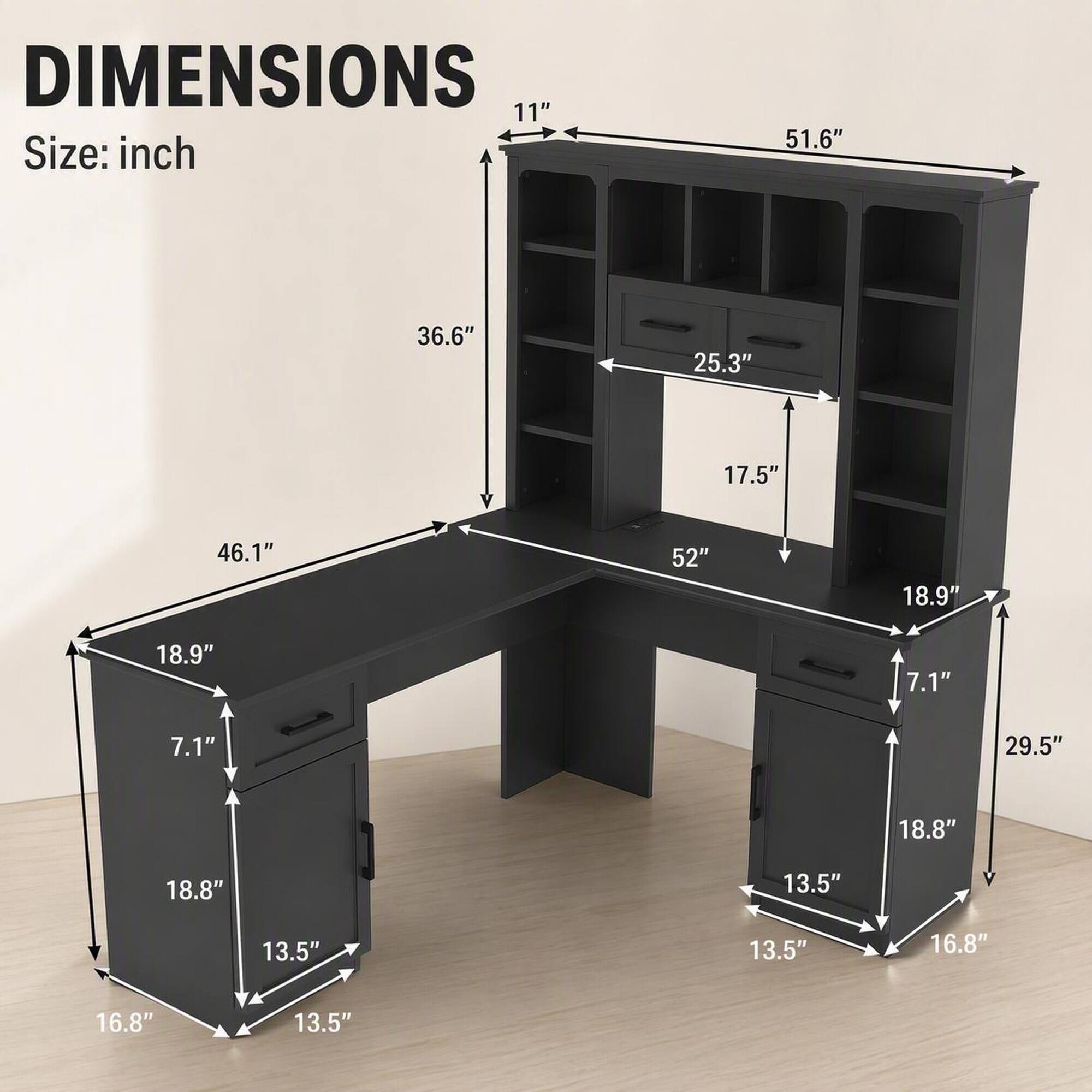 DIMENSIONS  
Size: inch  
11"  
51.6"  
36.6"  
25.3"  
17.5"  
46.1"  
52"  
18.9"  
18.9"  
7.1"  
7.1"  
29.5"  
18.8"  
18.8"  
13.5"  
13.5"  
13.5"  
16.8"  
16.8"  
13.5"