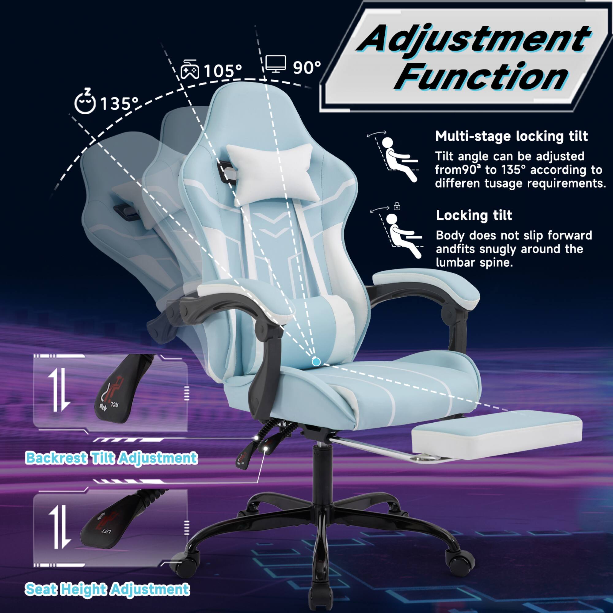**Adjustment Function**

- **Multi-stage locking tilt**
  - Tilt angle can be adjusted from 90° to 135° according to different usage requirements.

- **Locking tilt**
  - Body does not slip forward and fits snugly around the lumbar spine.

- **Backrest Tilt Adjustment**

- **Seat Height Adjustment**