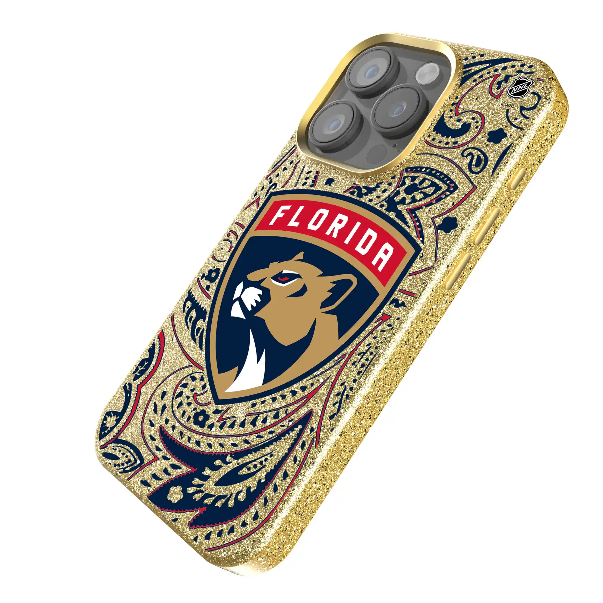 Alt View 1. Keyscaper - Gold Florida Panthers Paisley Bling iPhone Case - 16 Pro Max - Gold.
