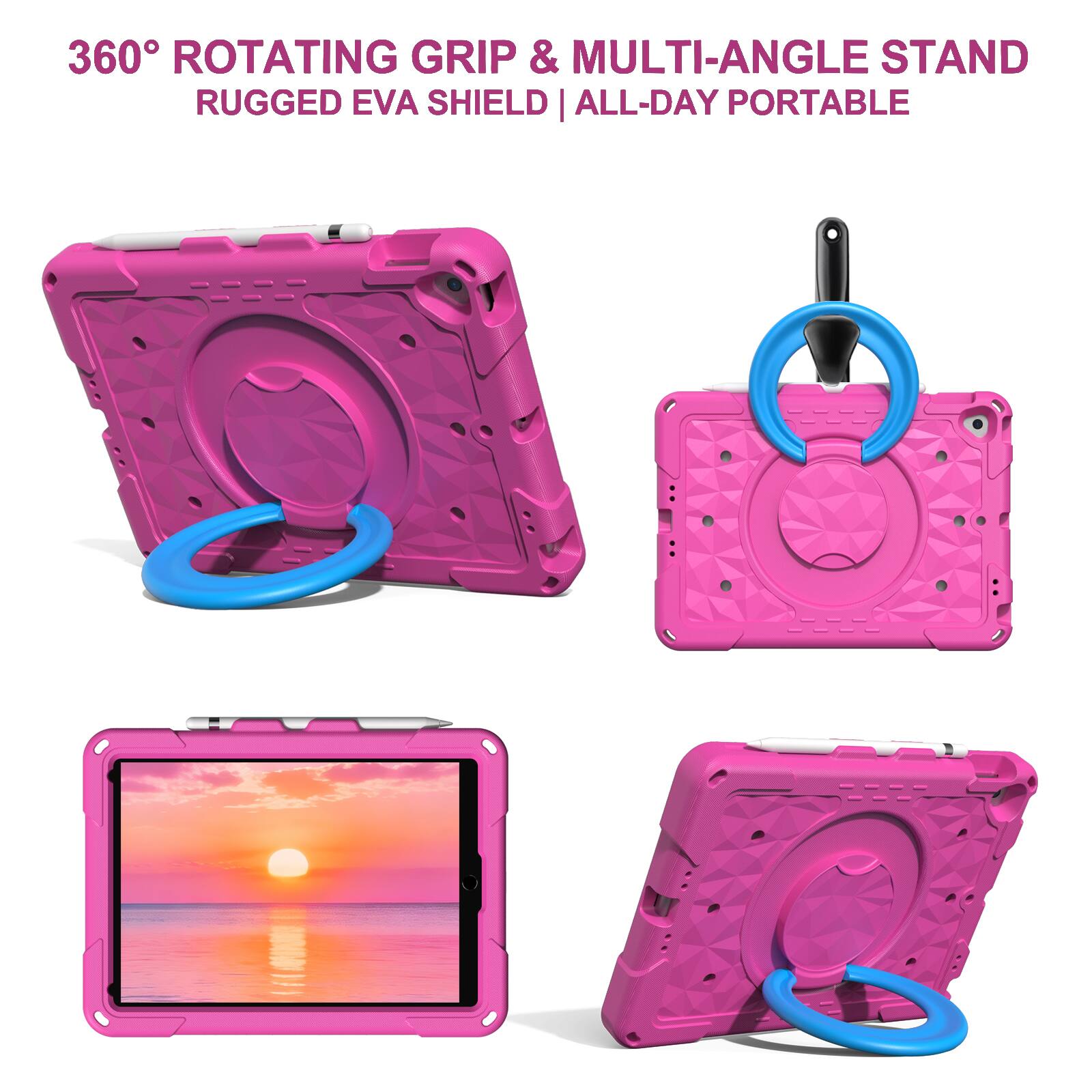 360° ROTATING GRIP & MULTI-ANGLE STAND  
RUGGED EVA SHIELD | ALL-DAY PORTABLE