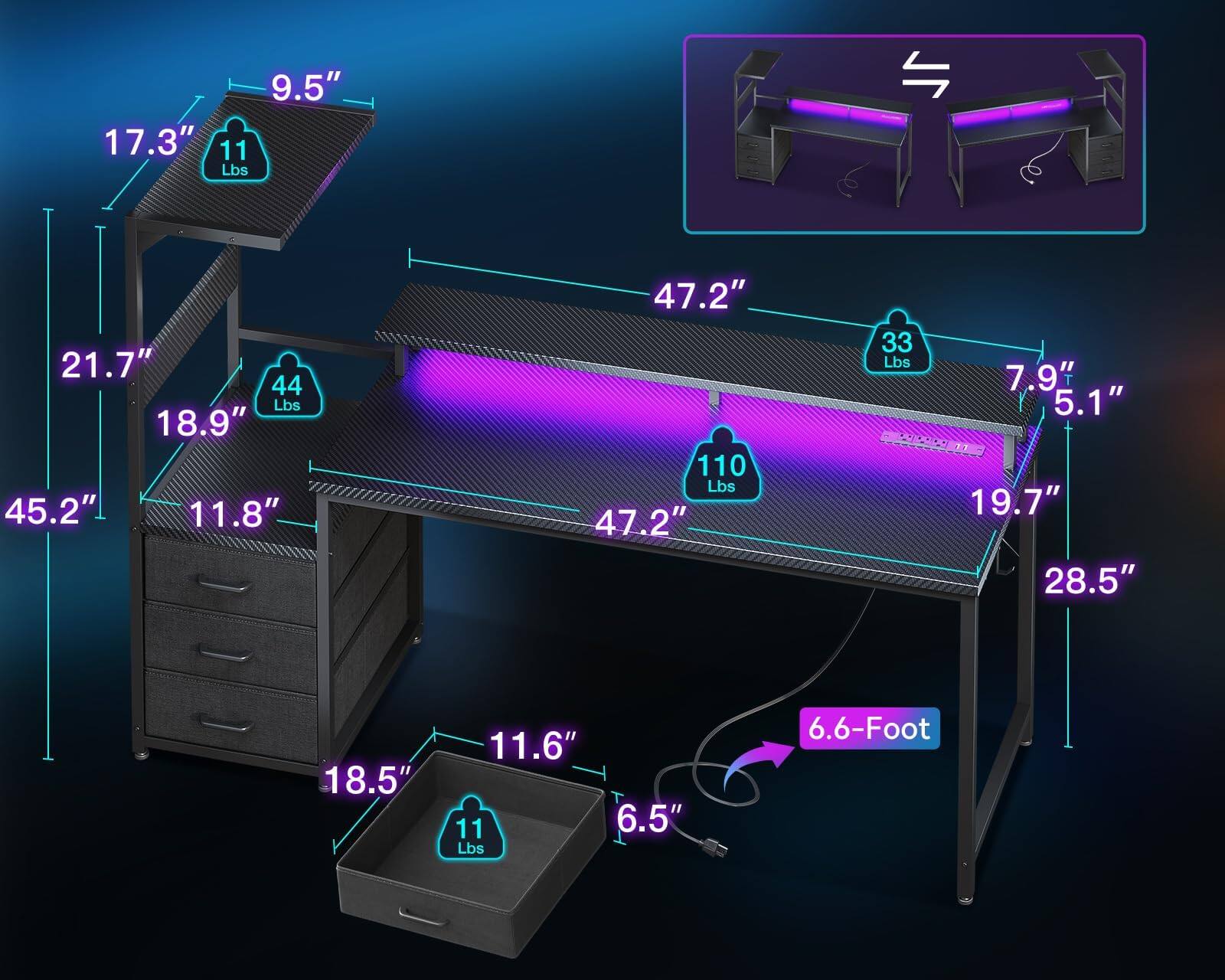 9.5"  
17.3"  
11 Lbs  
21.7"  
44 Lbs  
18.9"  
45.2"  
11.8"  
47.2"  
110 Lbs  
47.2"  
33 Lbs  
7.9"  
5.1"  
adID00O  
77  
19.7"  
28.5"  
18.5"  
11.6"  
11 Lbs  
6.5"  
6.6-Foot