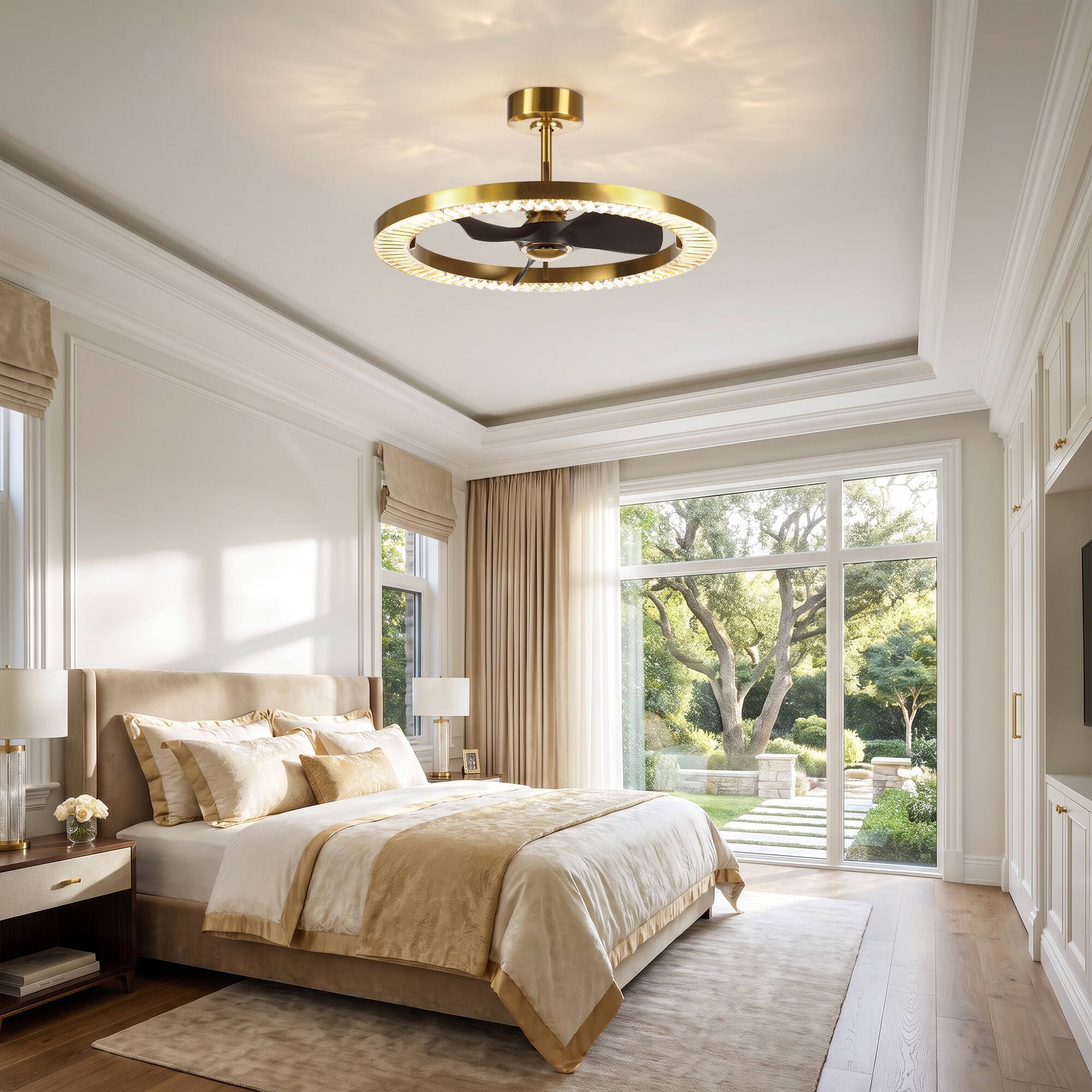 Back. Parrot Uncle - 32 Inch Crystal LED DC Motor Dimmable Ceiling Fan Caged Bladeless Fan with Remote and 6 Speeds - Gold.