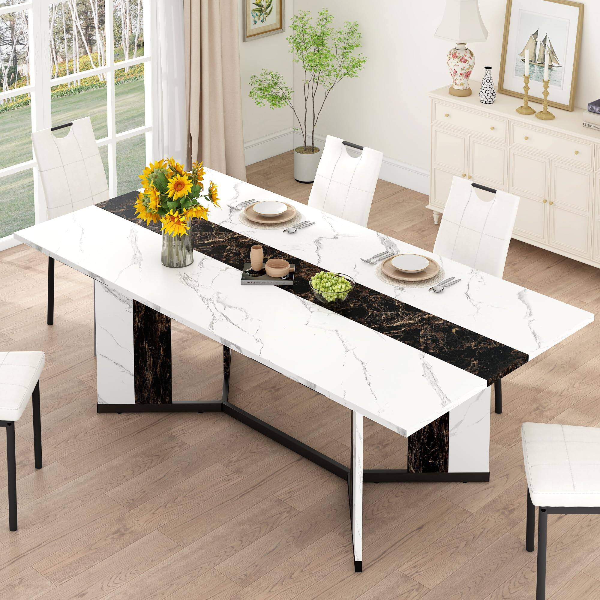 Angle. Espafurni - 71" Dining Table & 6 Chairs, Waterproof Top & Metal Frame, for 4-6 People - White.